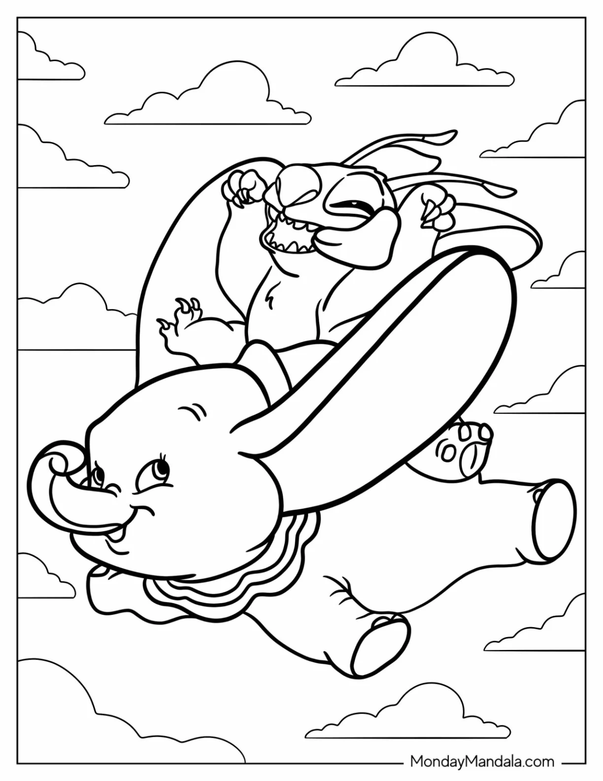 Dumbo Coloring Page Flying With Stitch On His Back coloring page