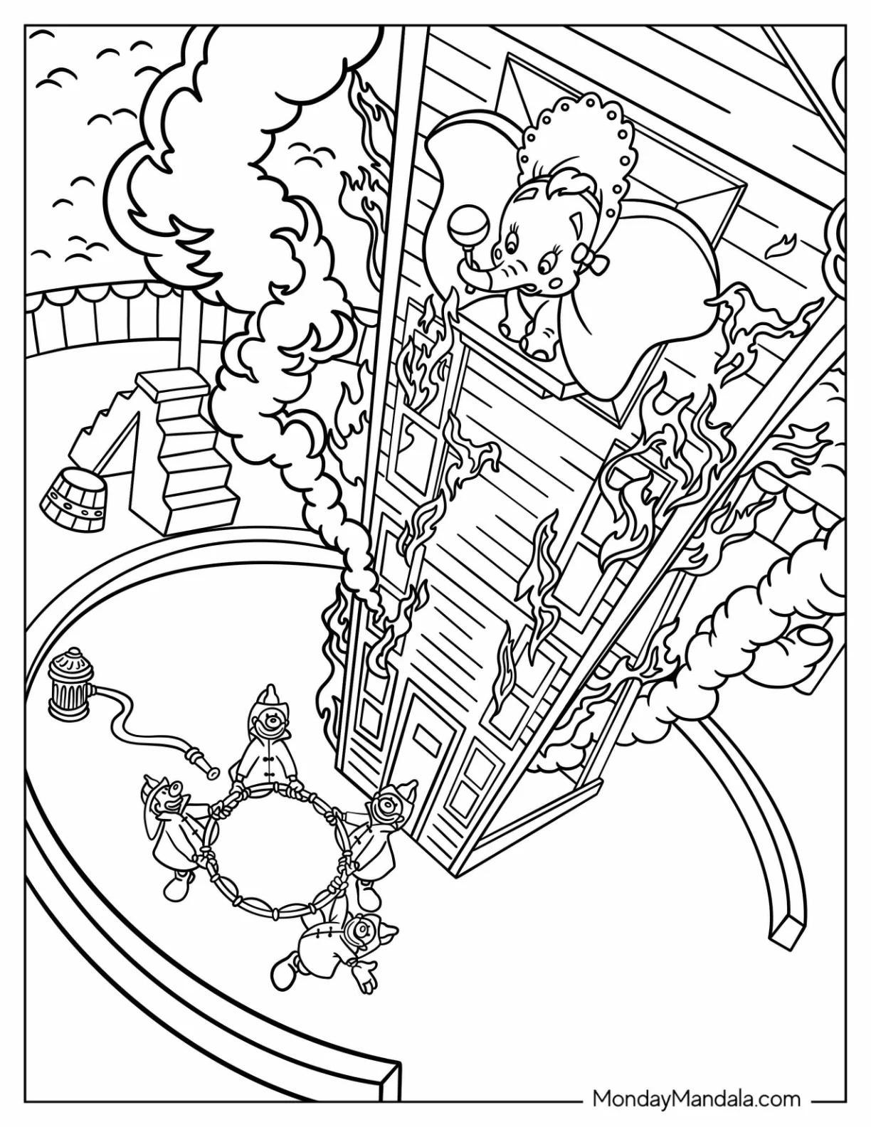 Dumbo Coloring Page Jumping From Burning Tower In Circus coloring page — printable line art