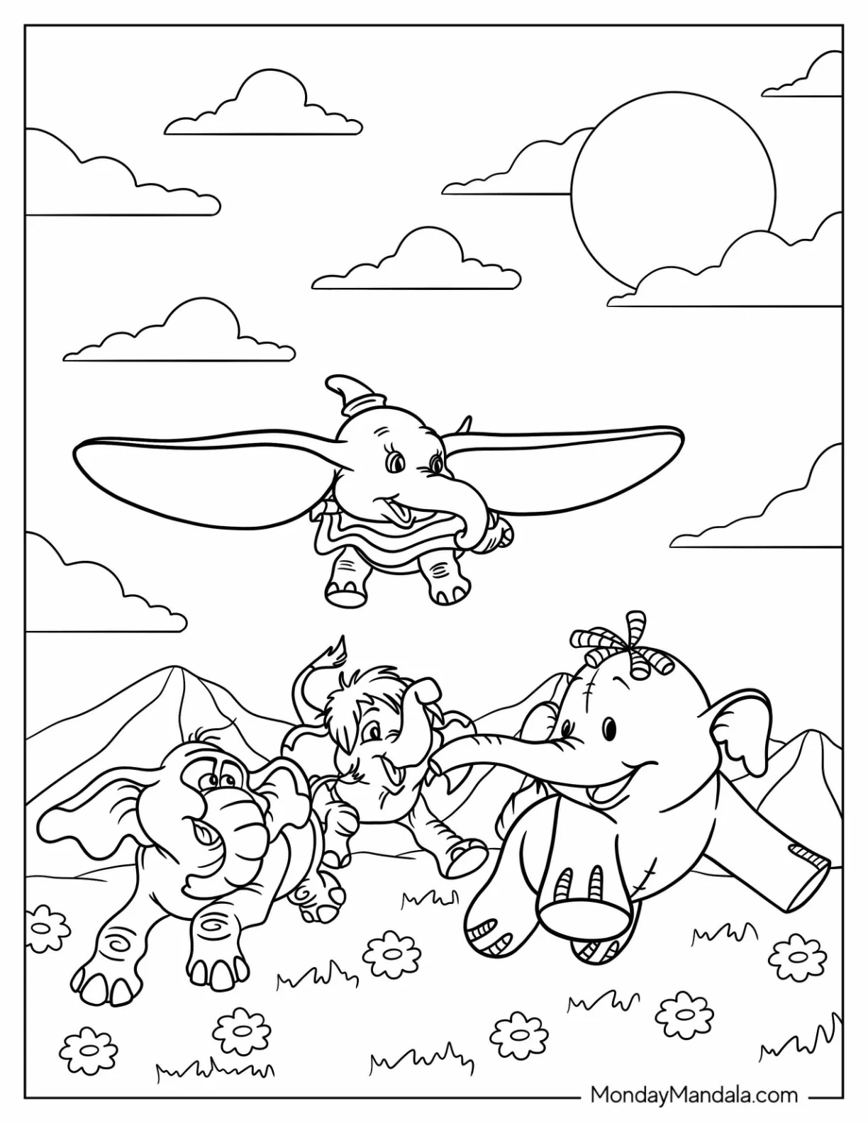 Dumbo Coloring Page Of Flying In The Sky While Friends Run In The Field coloring page