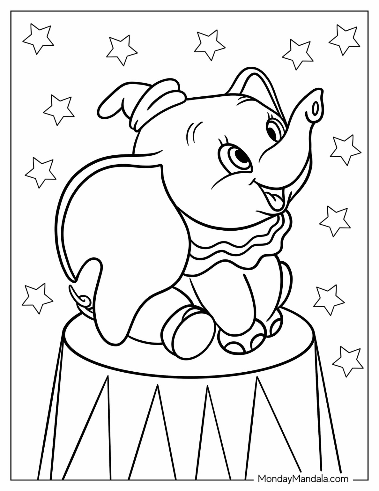 Kawaii Dumbo Coloring Page Sitting On Circus Podium For Kids coloring page