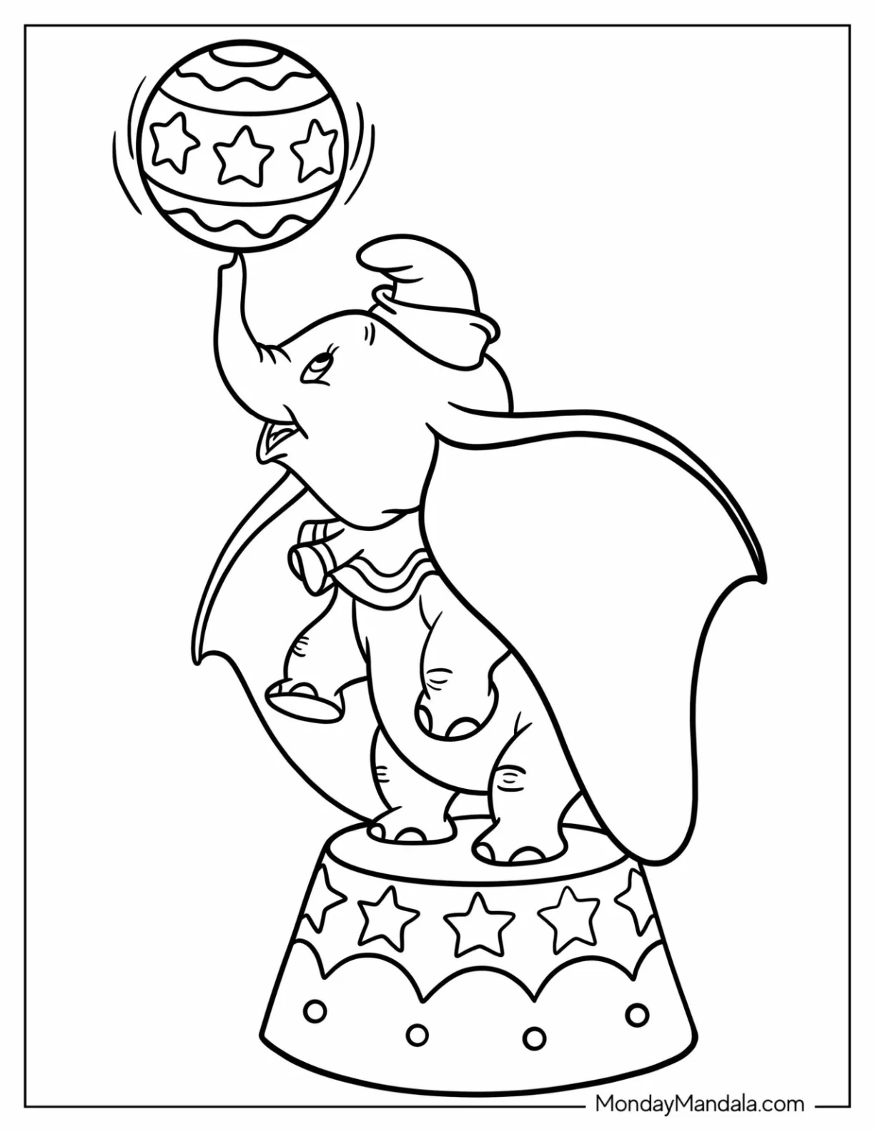 Simple Dumbo Coloring Page Spinning Ball On His Trunk While Standing On Circus Podium coloring page