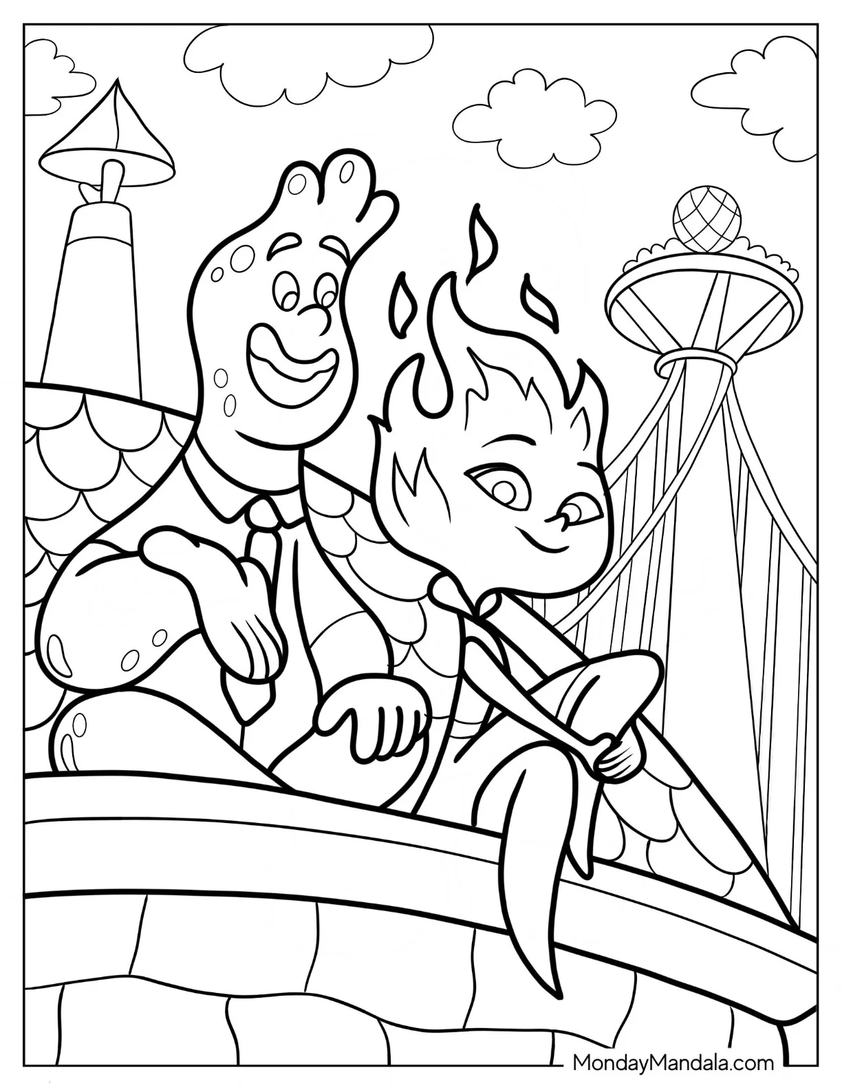 Easy Elemental Coloring Page Of Wade And Ember For Kids coloring page