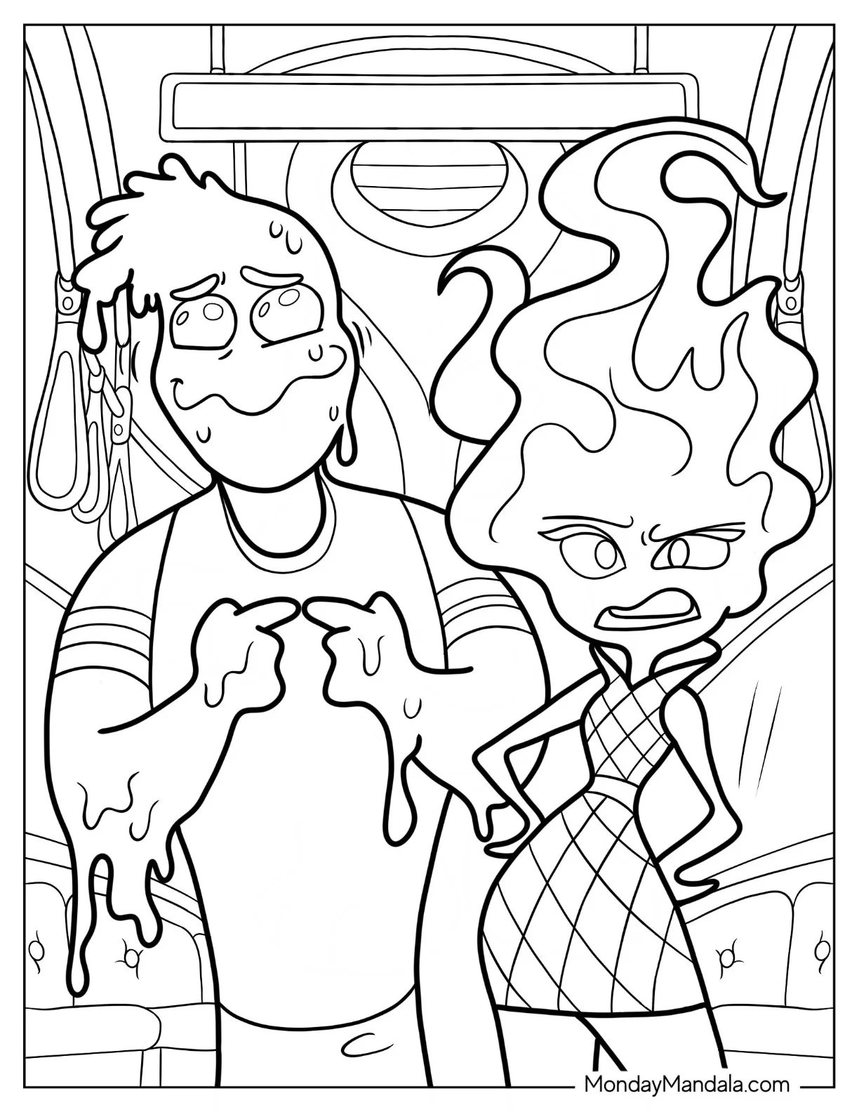 Elemental Coloring Page Of Angry Ember And Dripping Wade coloring page — printable line art