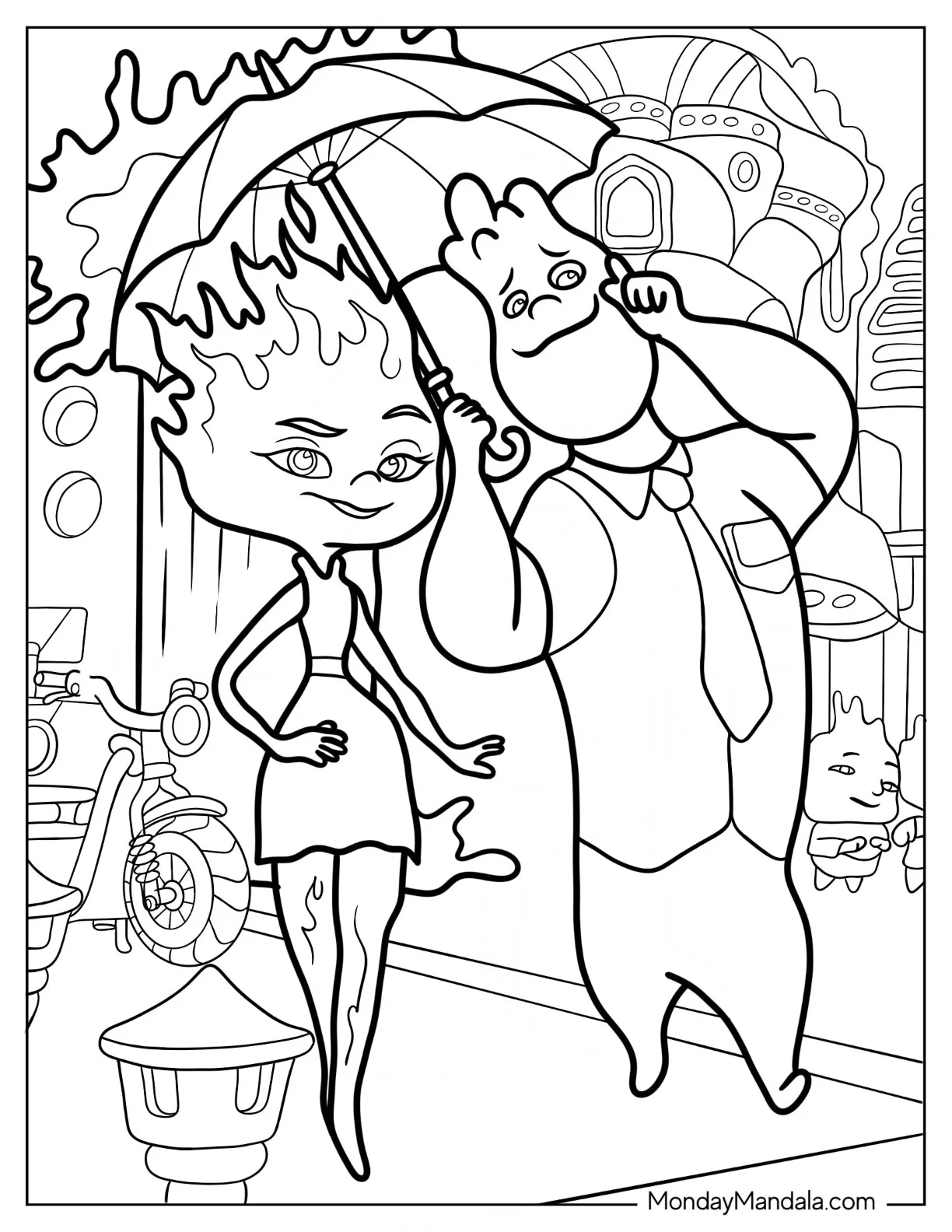 Elemental Coloring Page Of Ember And Wade Sharing Umbrella coloring page