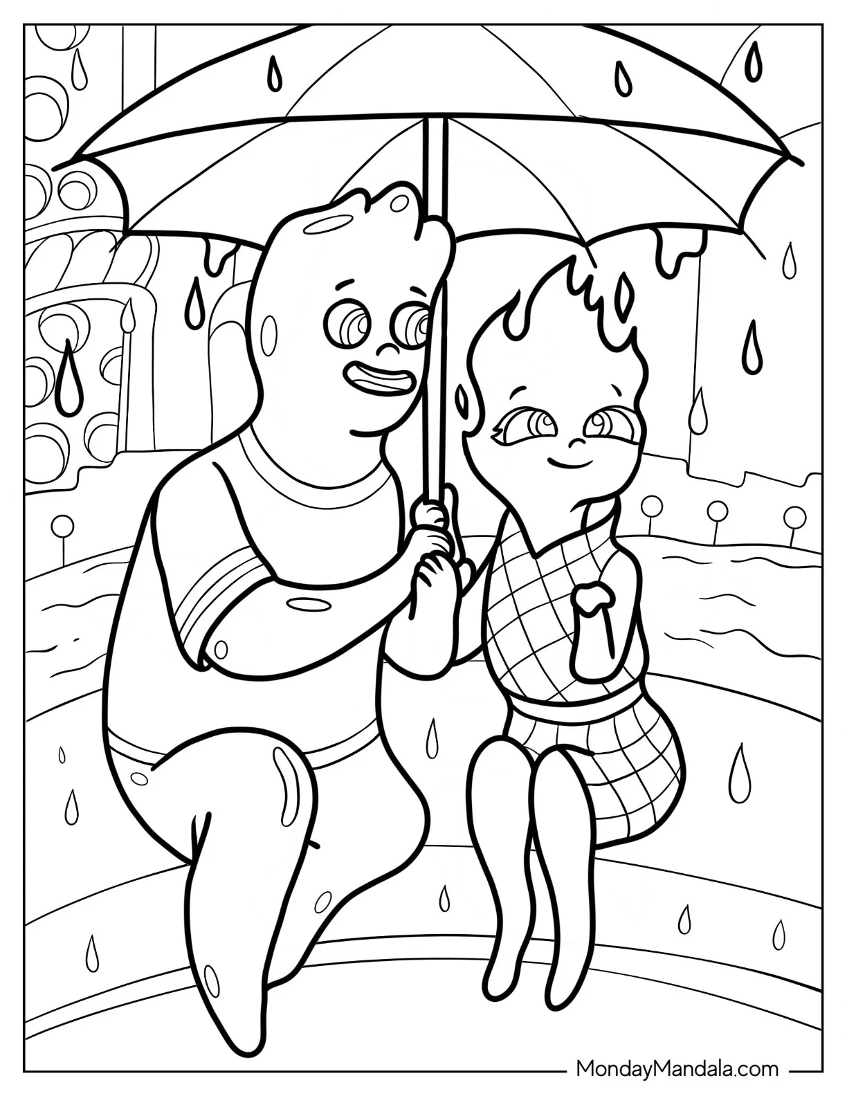 Elemental Coloring Page Of Simple Wade And Ember Under Umbrella During Rain coloring page