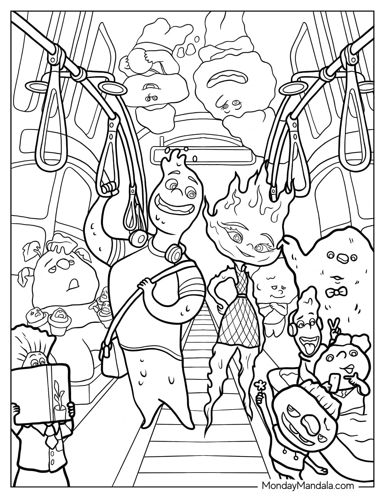 Elemental Coloring Page Of Wade And Ember Riding Bus In Element City coloring page