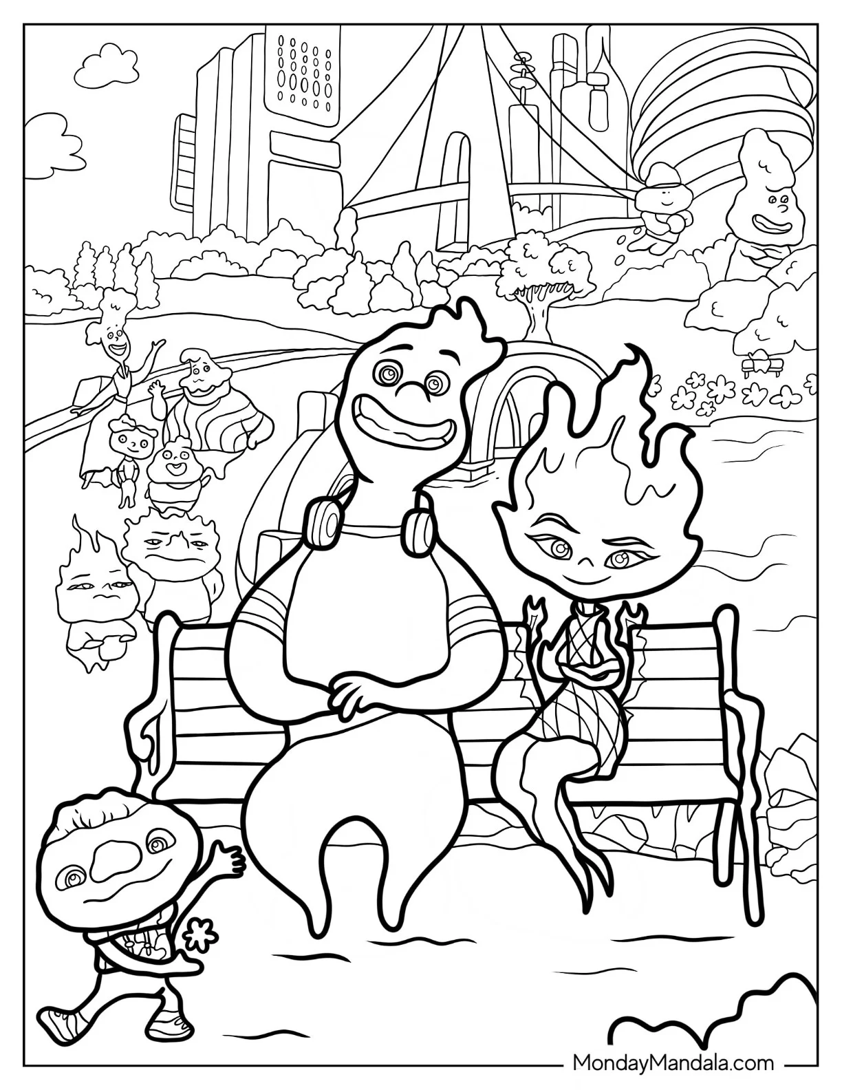 Elemental Coloring Page Of Wade And Ember Sitting On Park Bench coloring page — printable line art