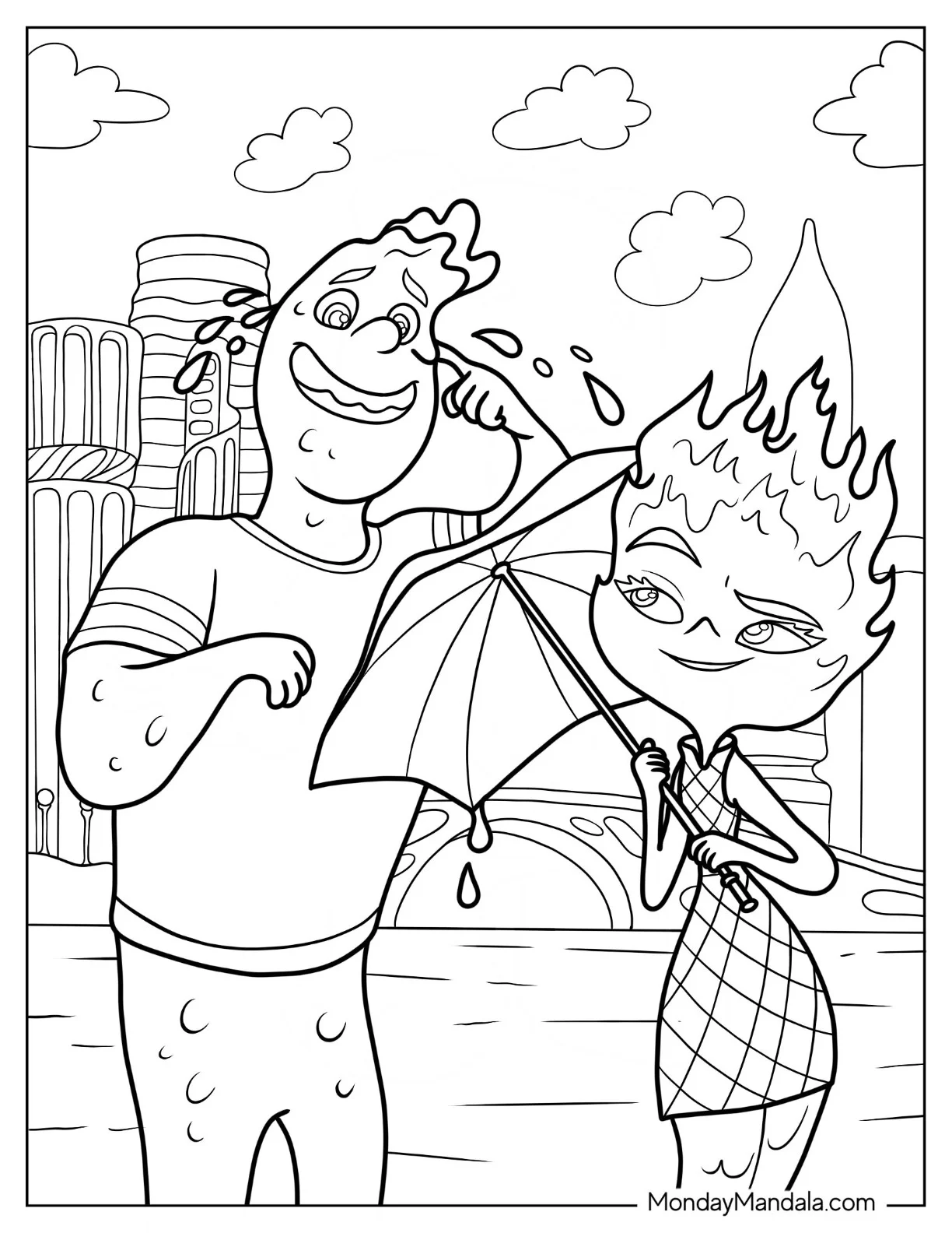 Elemental Coloring Page Of Wade Ripple Crying While Ember Lumen Holds Umbrella coloring page