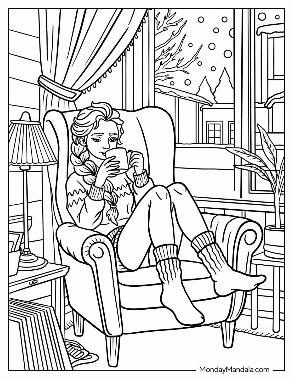 Cozy Modern Elsa Coloring Page Enjoying Hot Drink By The Window In Winter coloring page