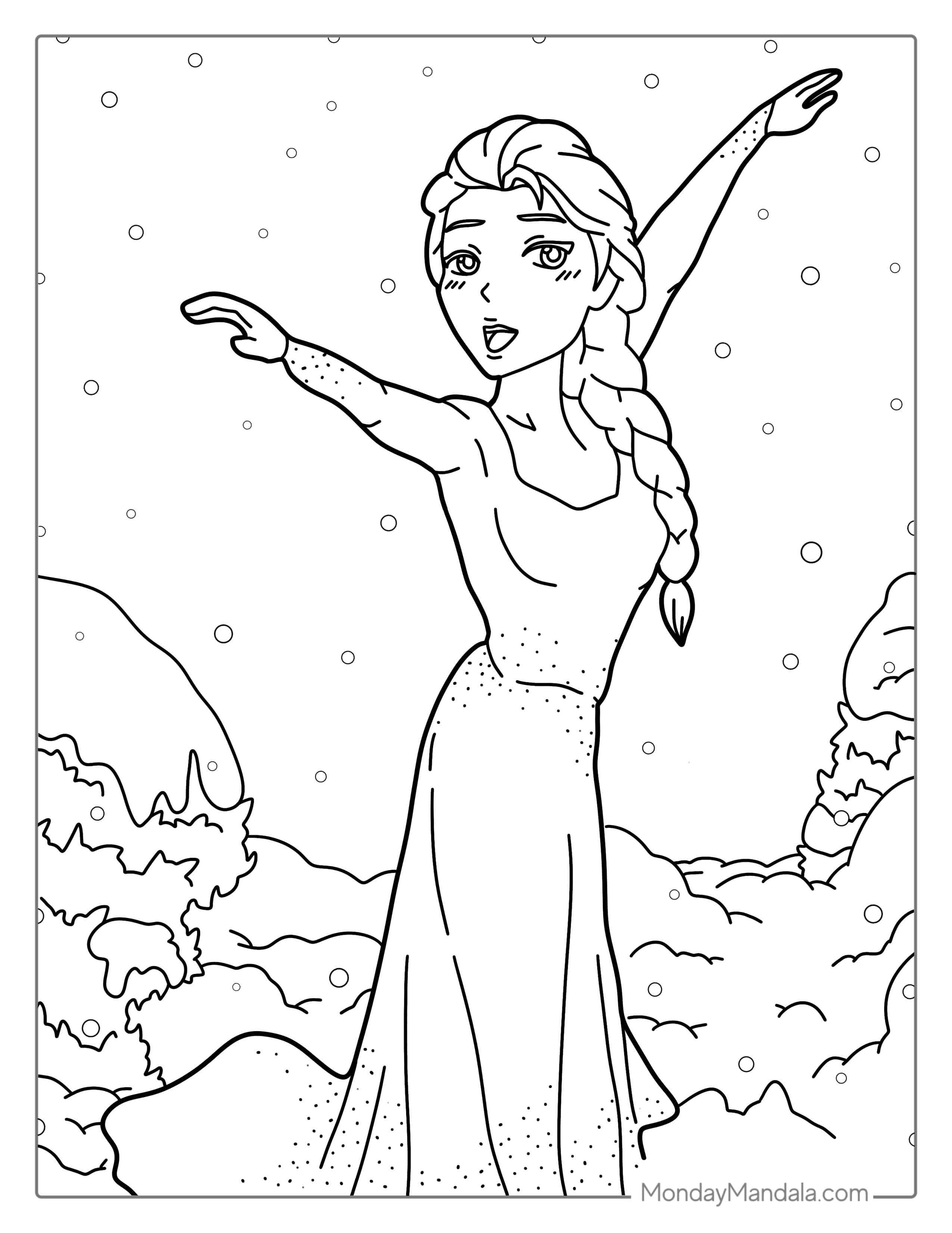 Dancing Elsa With Snow Flakes Coloring coloring page — printable line art