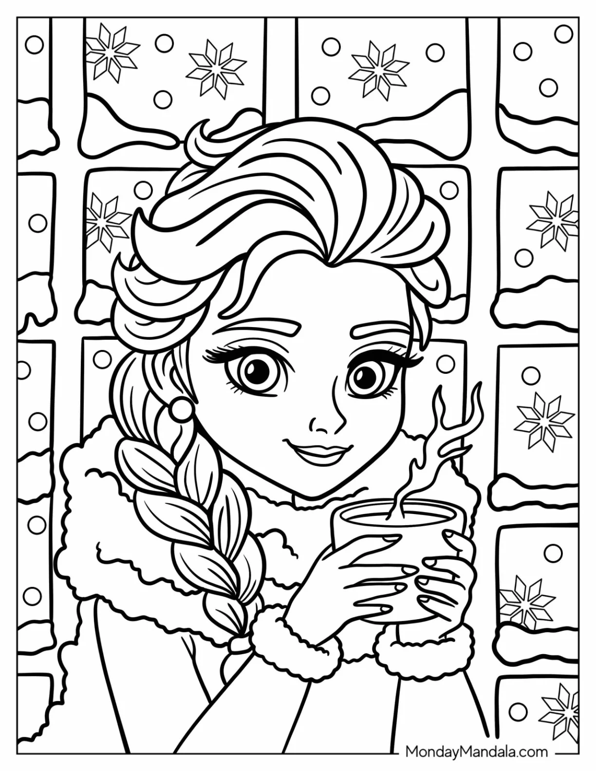 Elsa Coloring Page In Winter Coat Sipping a Hot Beverage coloring page — printable line art