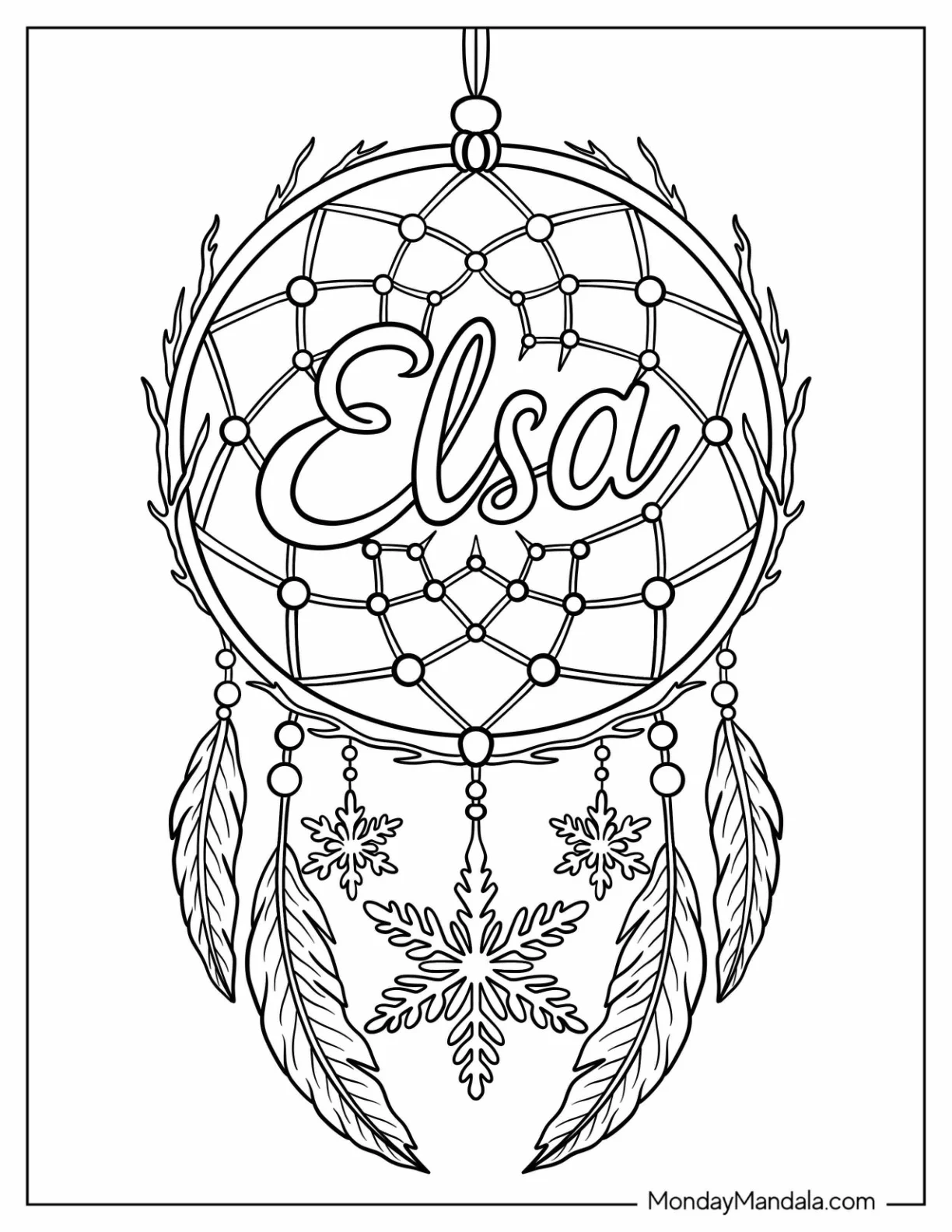 Elsa Coloring Page Of Dreamcatcher with Snowflakes and Feathers coloring page