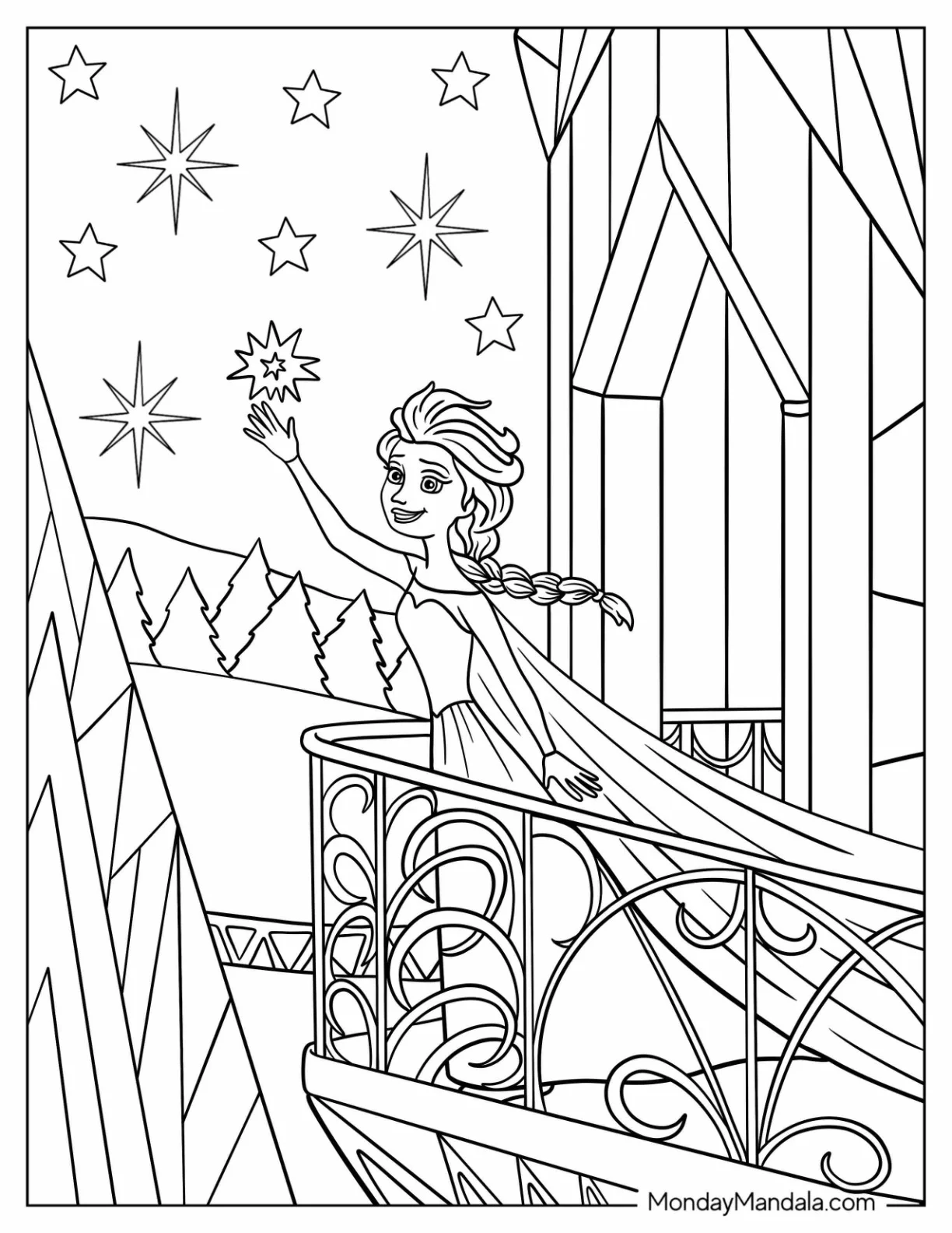 Elsa Coloring Page on Castle Balcony Reaching Out To The Siren For Kids coloring page