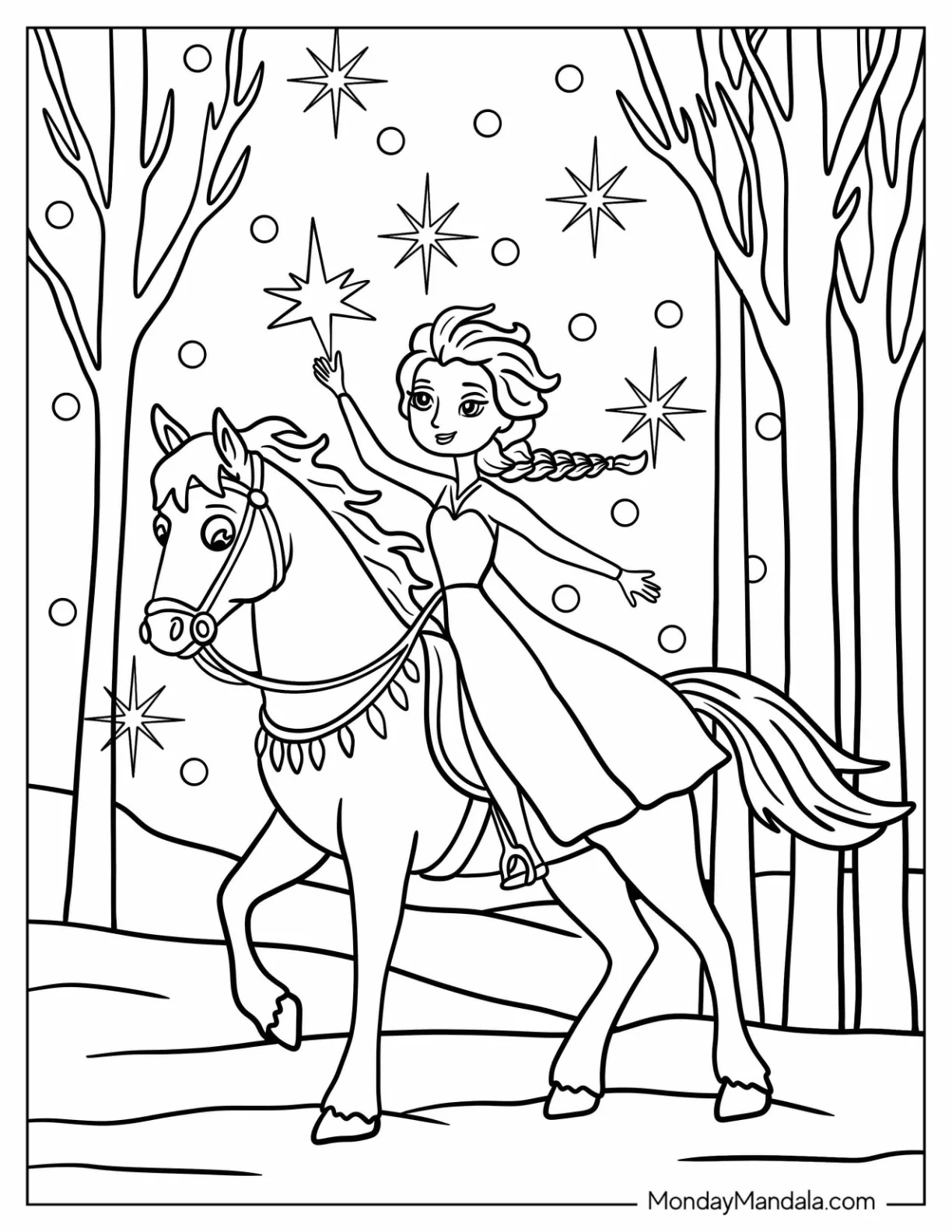 Elsa Coloring Page Riding Horse in Enchanted Winter Forest For Kids coloring page
