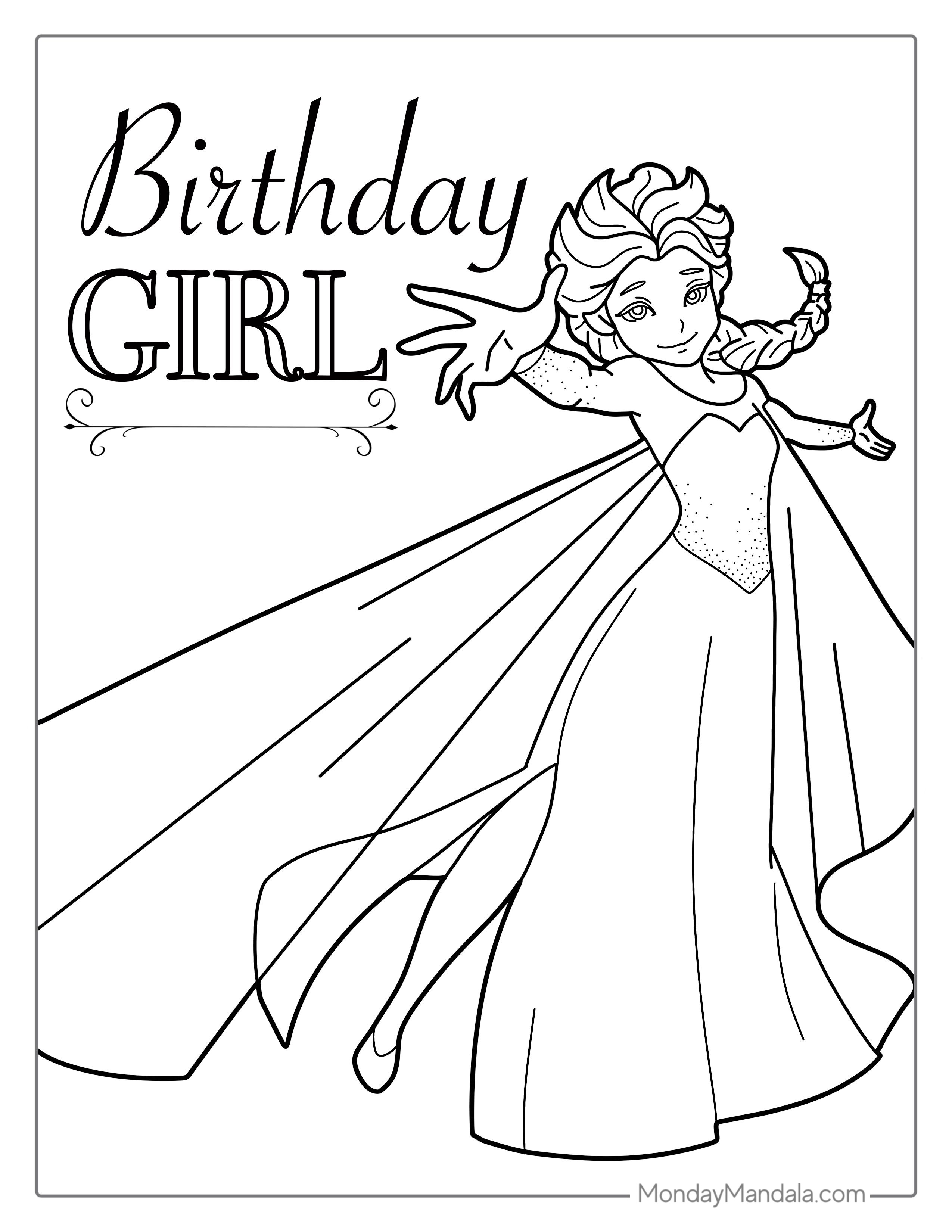 Elsa Happy Birthday Coloring Page For Girls coloring page — printable line art