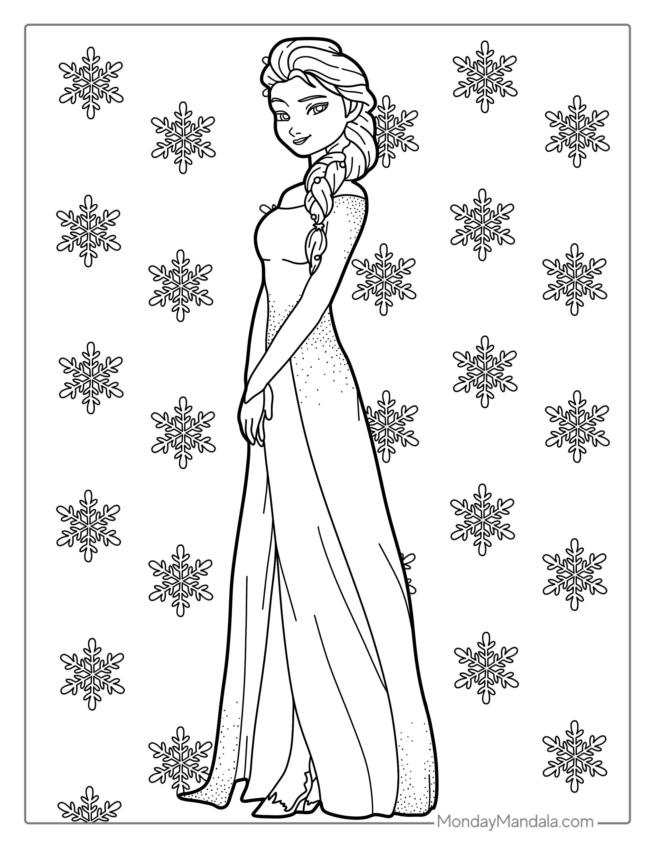 Elsa Stunning Dress With Snowflake Background Coloring Page coloring page