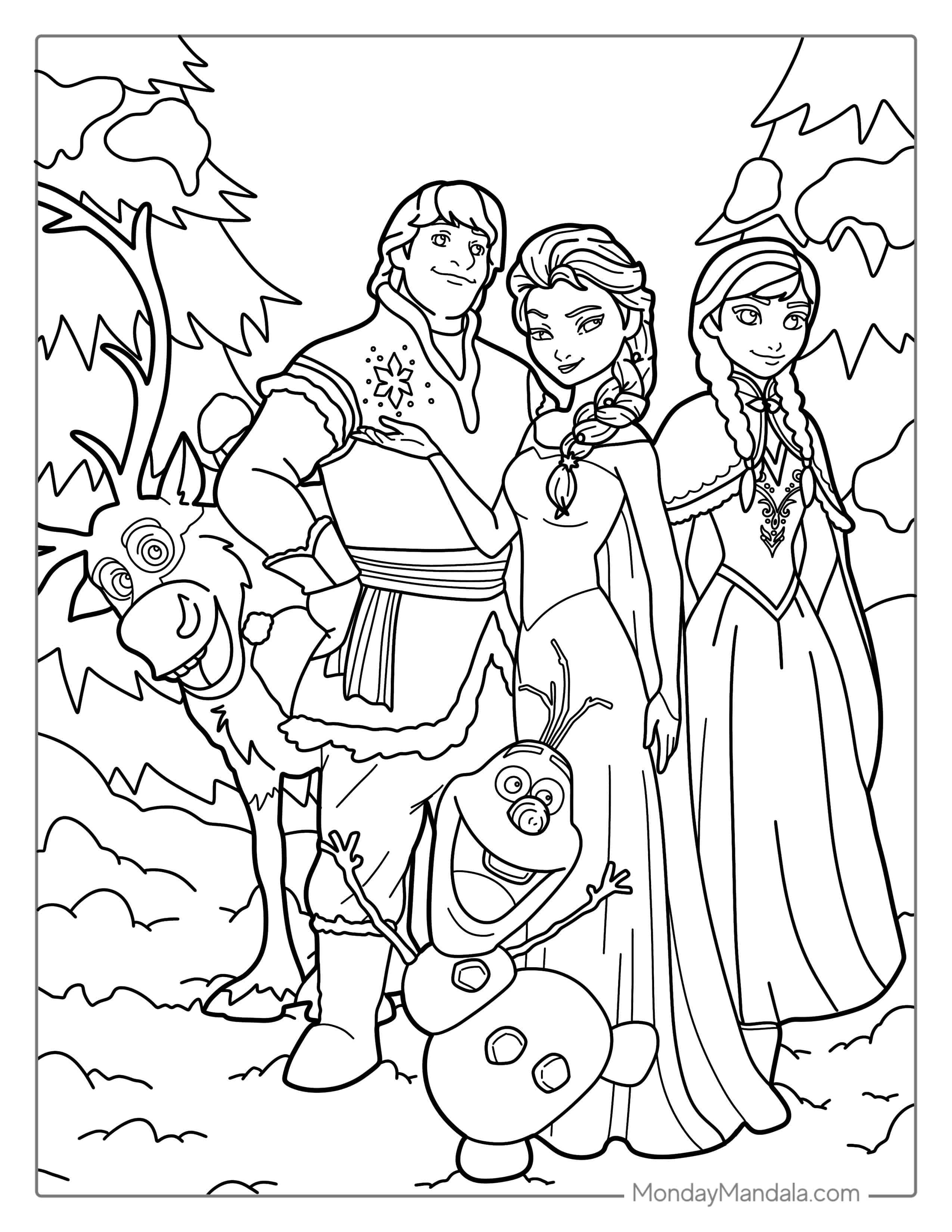Elsa With Friends From Frozen Coloring Page coloring page
