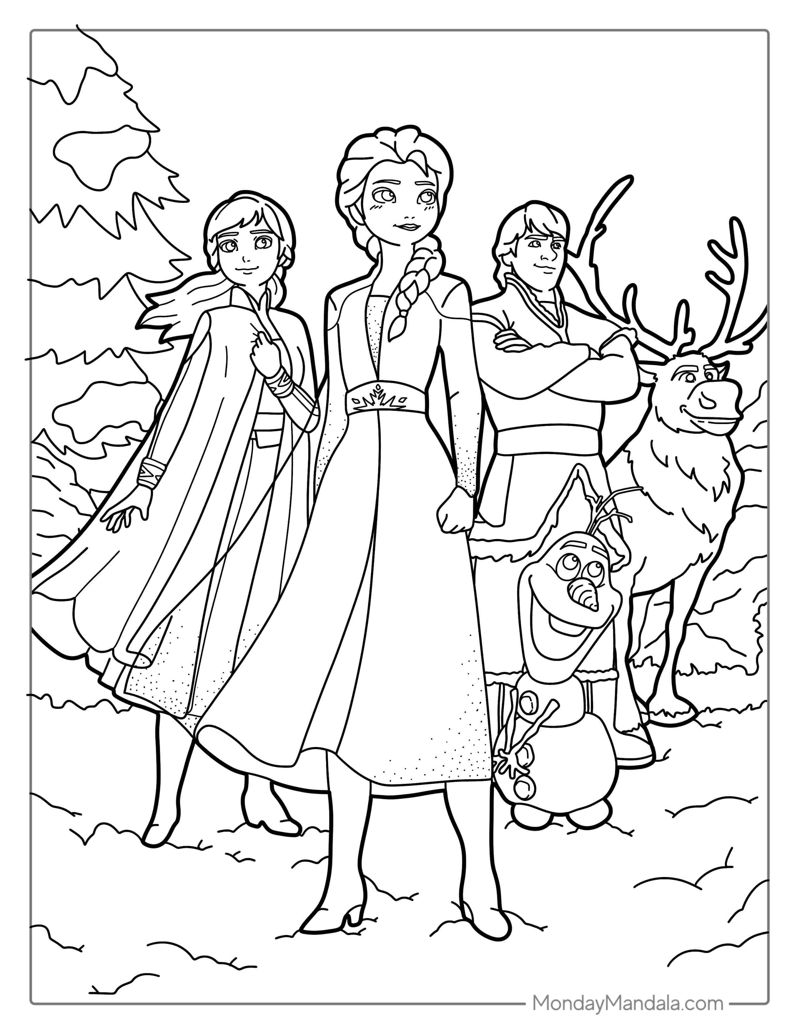 Elsa With Olaf, Anna, Sven And Kristoff coloring page