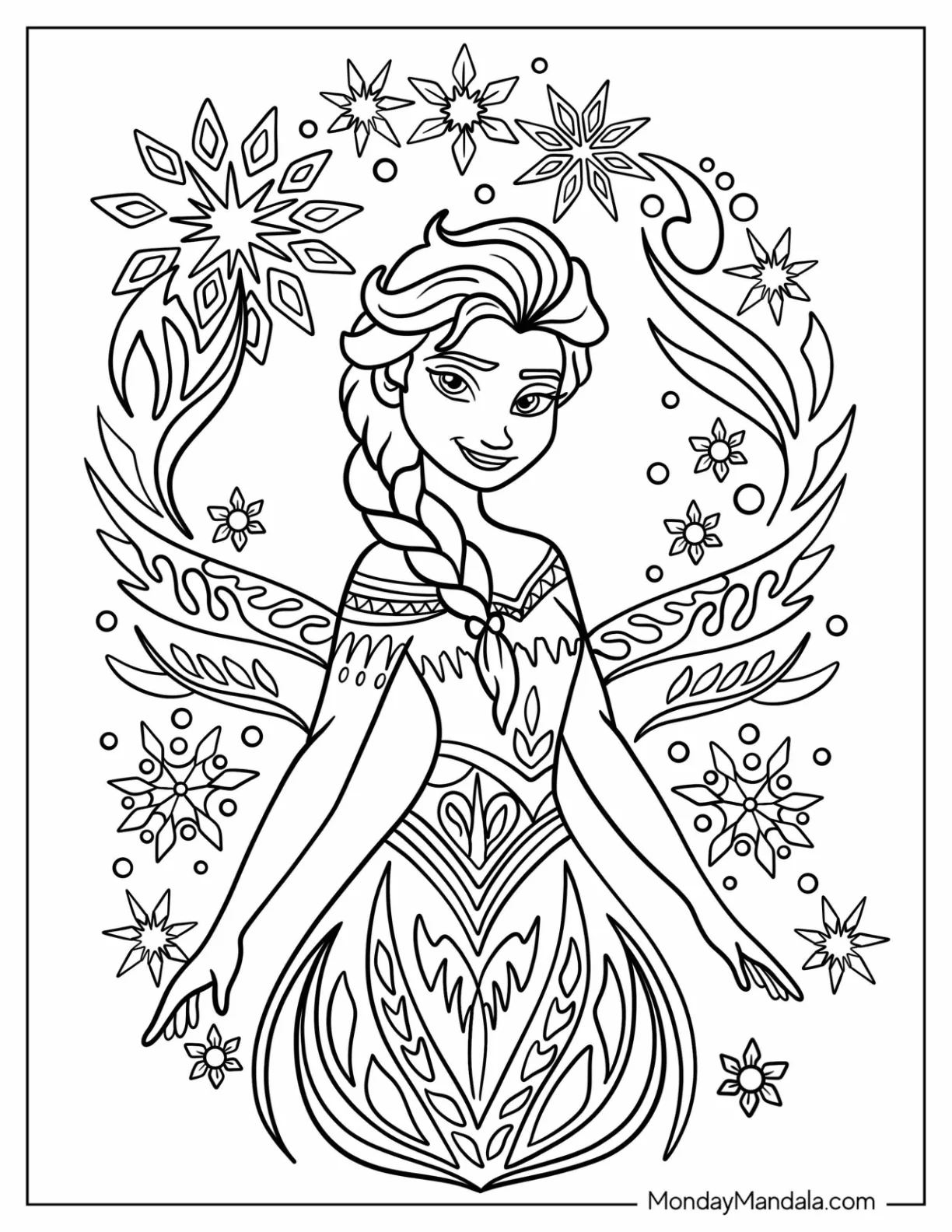 Enchanting Elsa Coloring Page Surrounded by Frozen Elements coloring page — printable line art