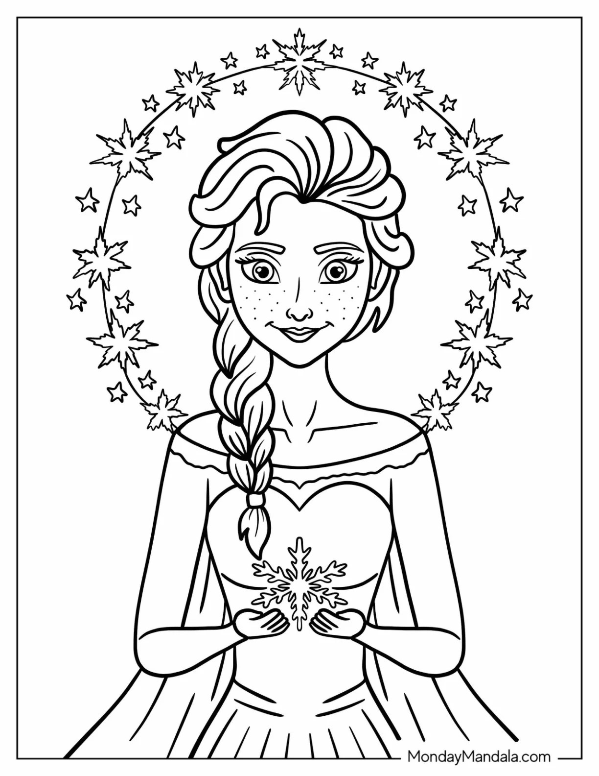 Freckled Elsa Coloring Page Holding a Snowflake with Star Wreath coloring page — printable line art