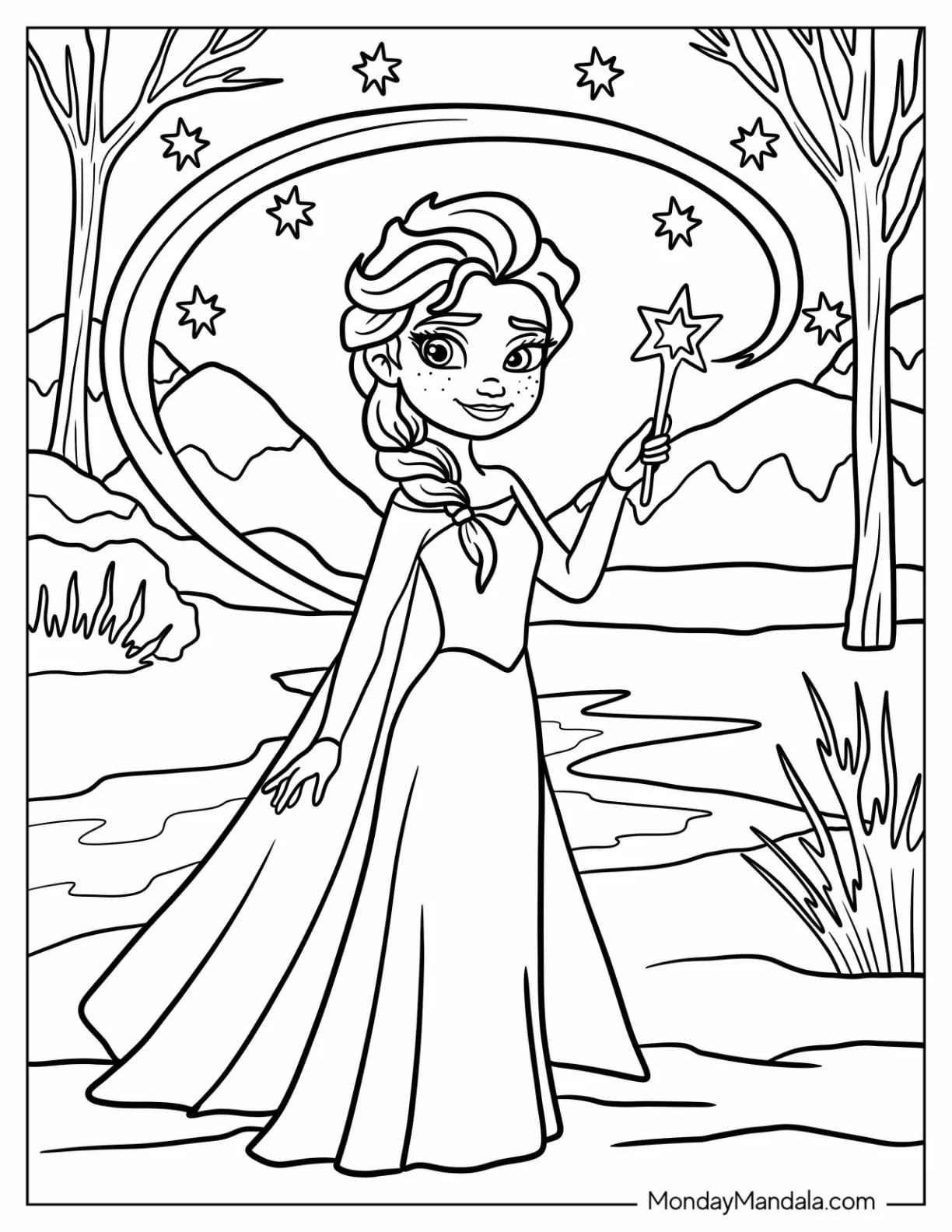 Freckled Elsa Coloring Page Holding A Star Wand In A Winter Forest For Kids coloring page — printable line art