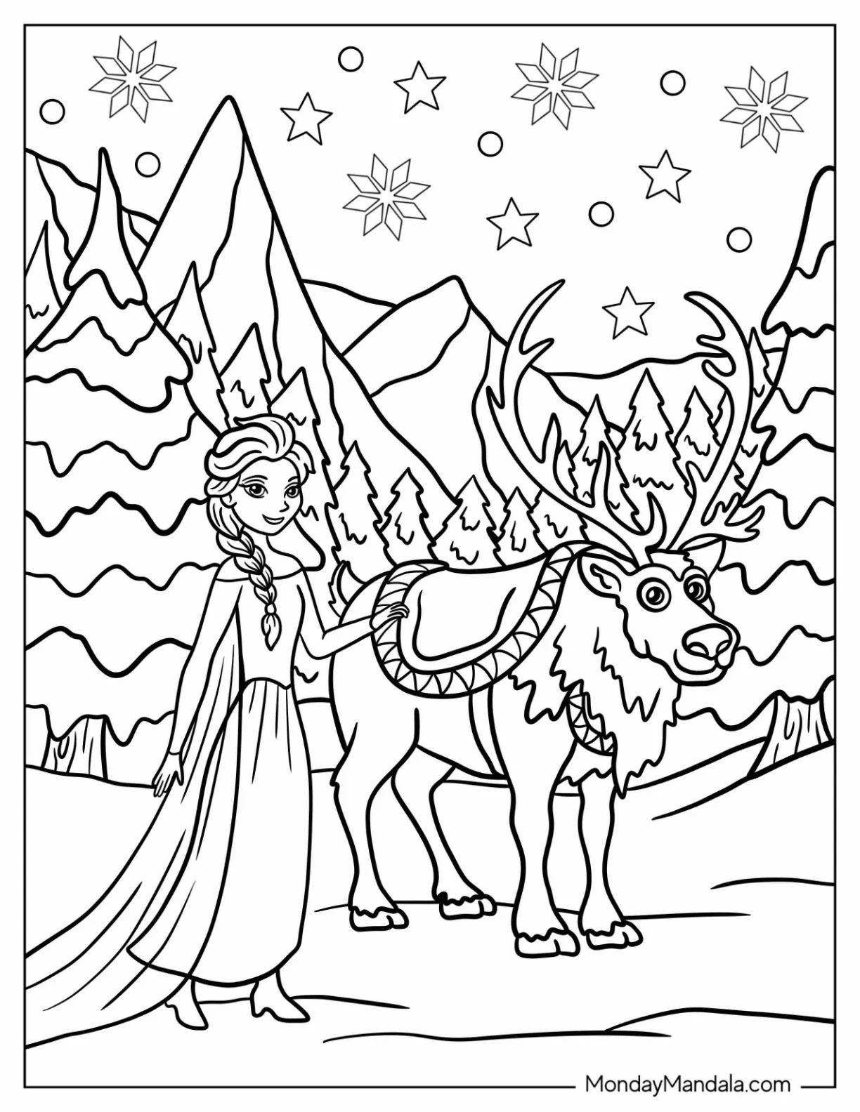 Frozen Elsa Coloring Page and Sven Snowy Landscape coloring page
