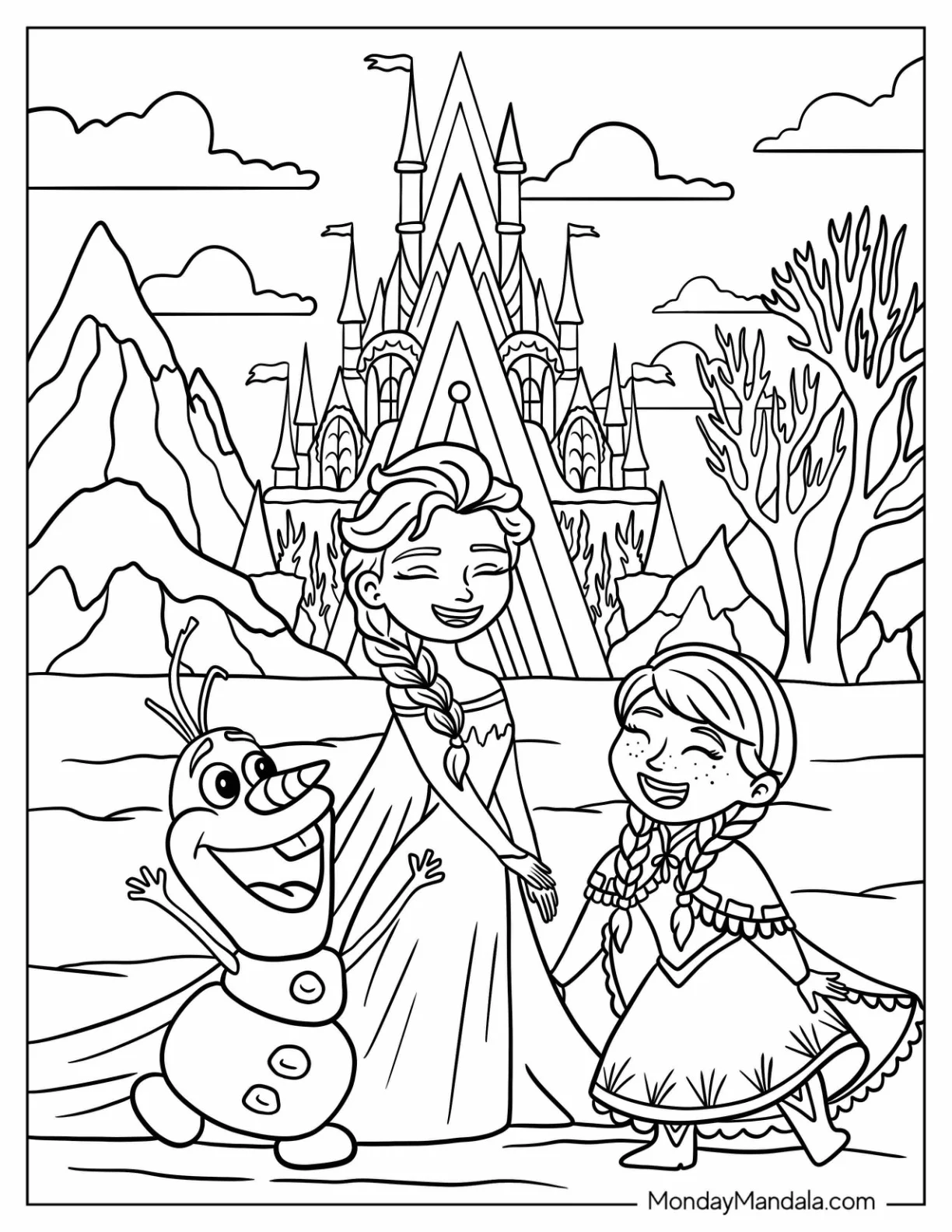 Happy Frozen Elsa Coloring Page and Anna with Olaf in Front of the Castle coloring page
