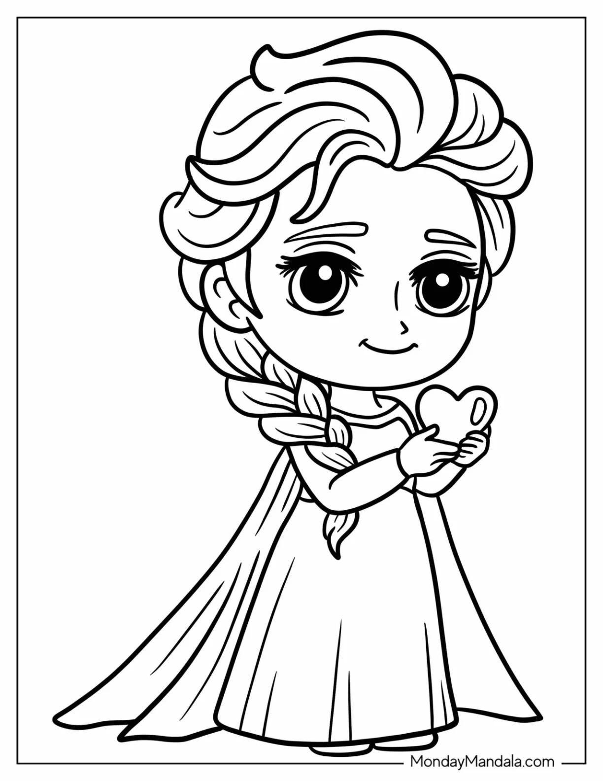 Lovely Chibi Elsa Coloring Page Holding a Heart For Preschoolers coloring page — printable line art