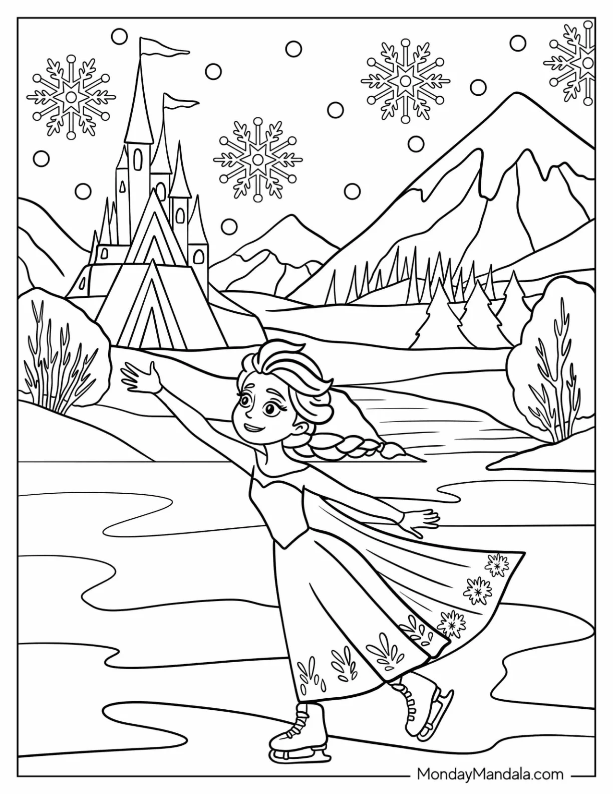 Pretty Elsa Coloring Page Ice Skating in Front of the Castle For Kids coloring page — printable line art