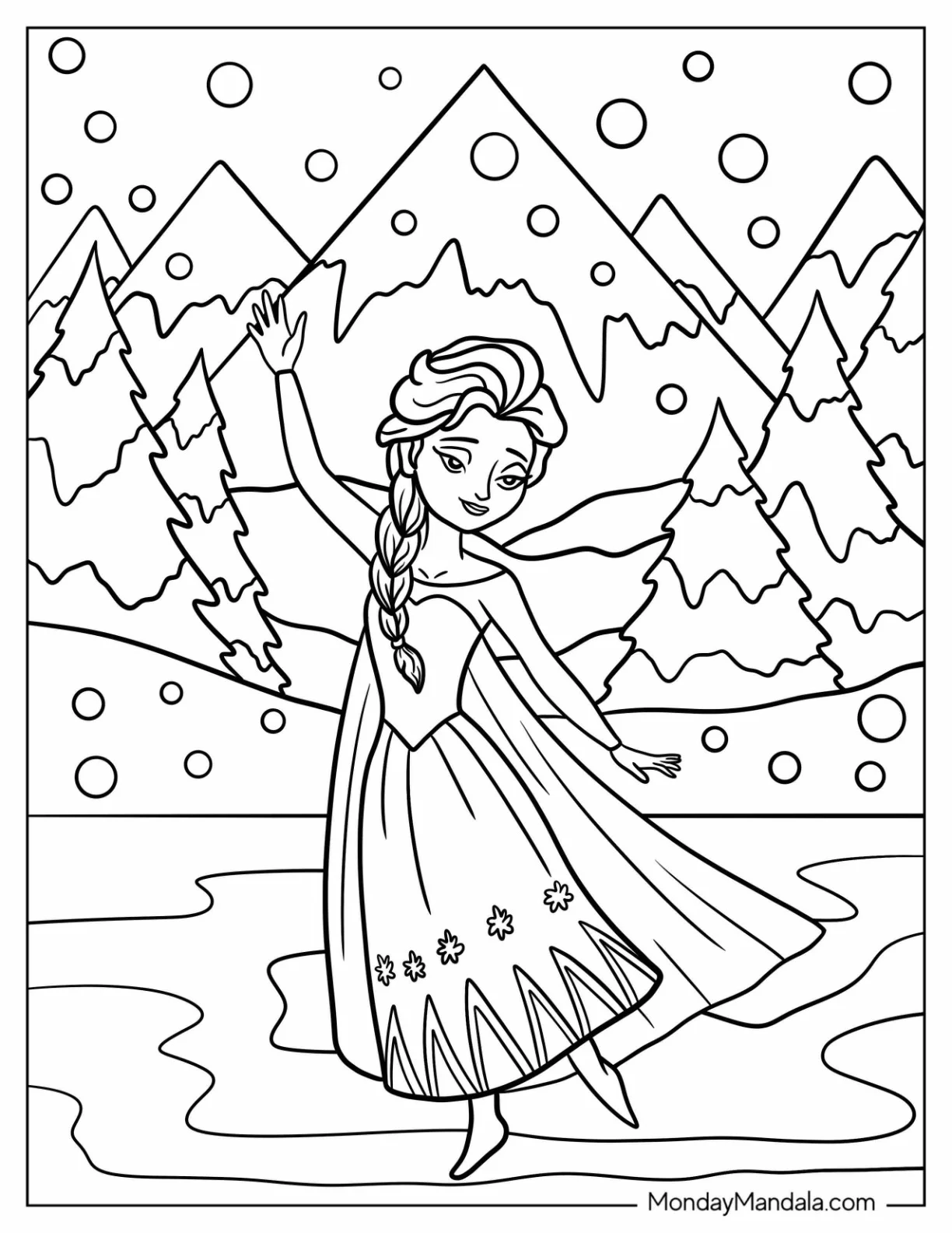 Queen Elsa Coloring Page Dancing In The Snowy Mountains For Kids coloring page — printable line art