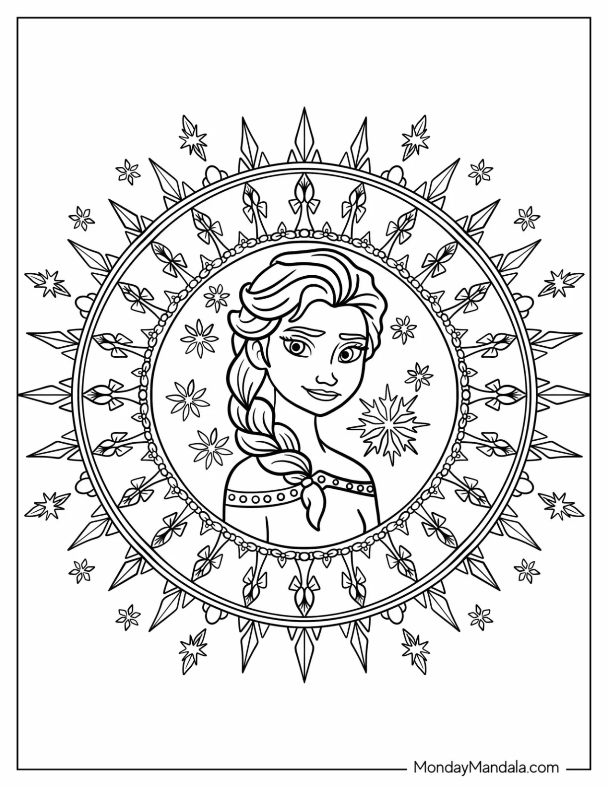 Regal Elsa Coloring Page In The Middle Of A Winter Mandala Design coloring page — printable line art