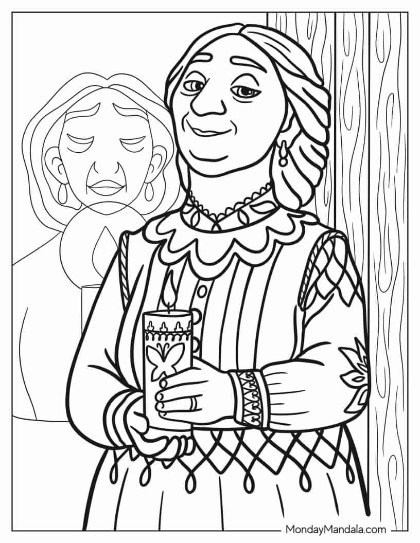 Abuela Alma Holding Magical Candle Coloring In coloring page — printable line art