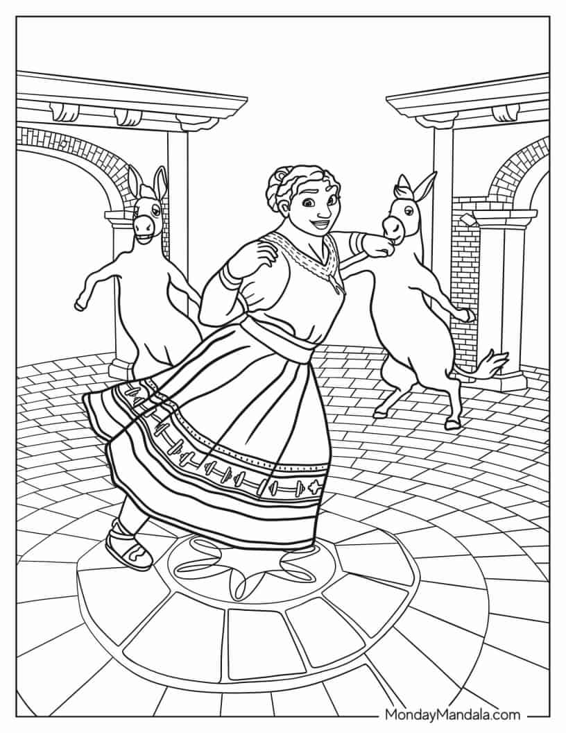 Coloring Sheet Of Luisa Dancing With Donkeys coloring page — printable line art