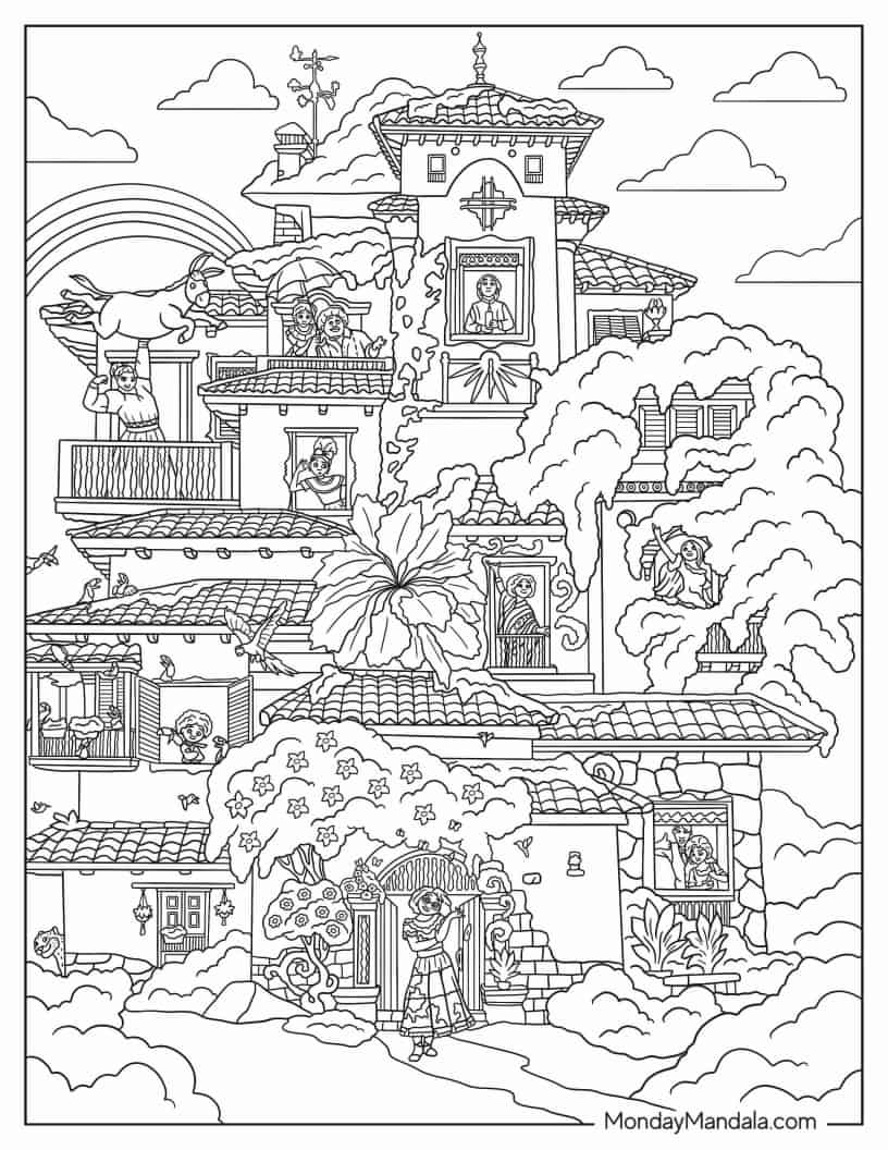 Detailed Coloring Page Of Madrigal Family In Magical Casita coloring page — printable line art