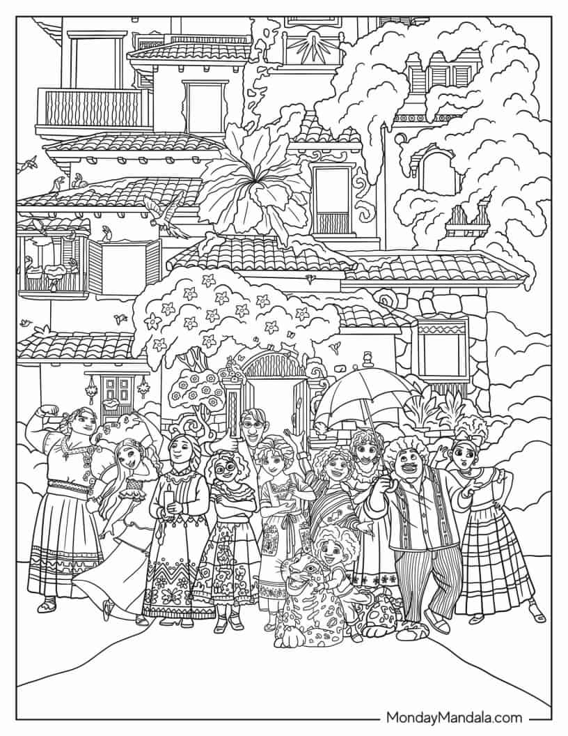 Encanto Coloring Sheet Of Madrigal Family In Front Of Casita coloring page — printable line art