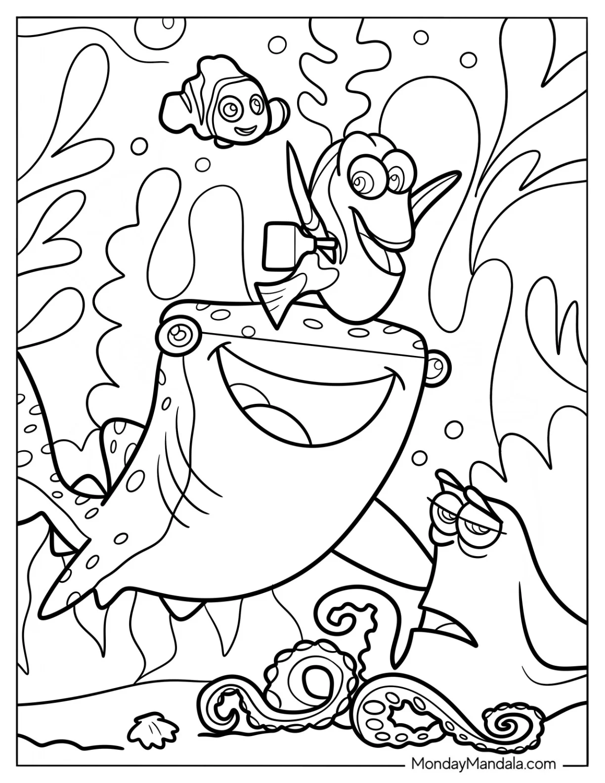 Adorable Finding Dory Coloring Page With Destiny, Nemo, And Hank coloring page — printable line art