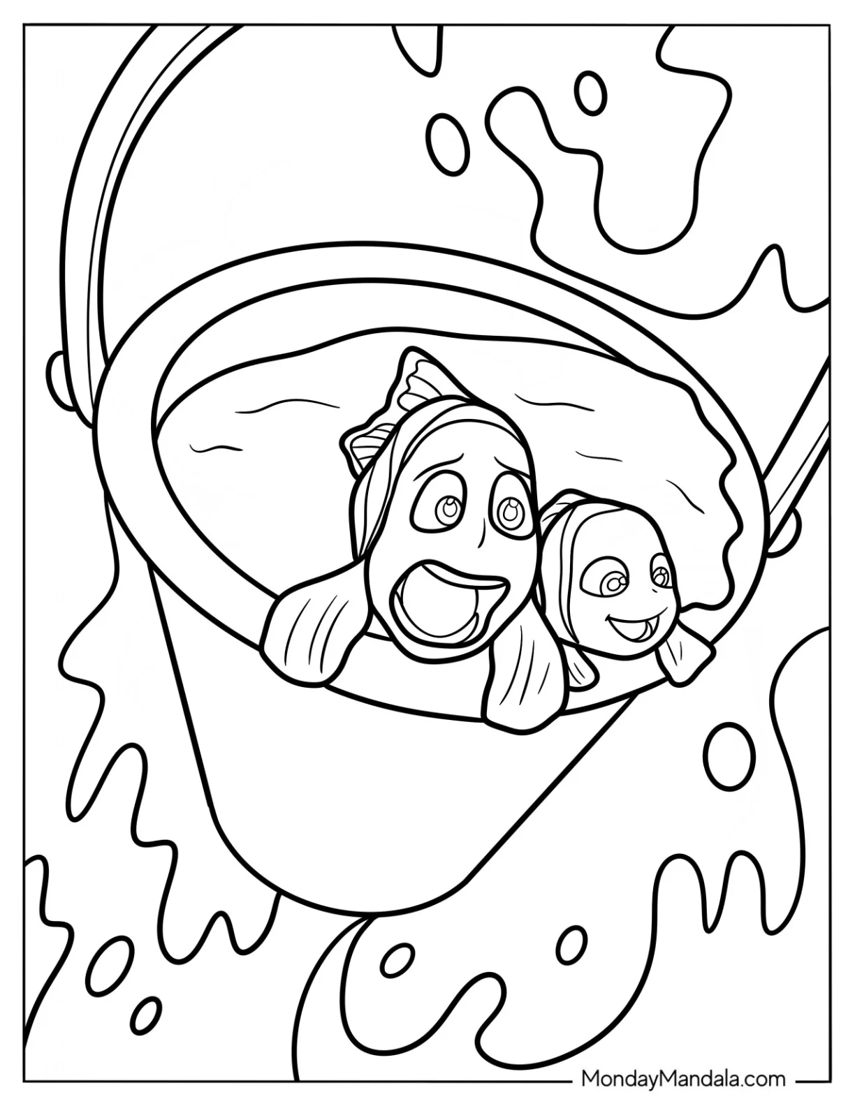 Finding Dory Coloring Page Of Marlin And Nemo Being Scooped Up In A Bucket coloring page