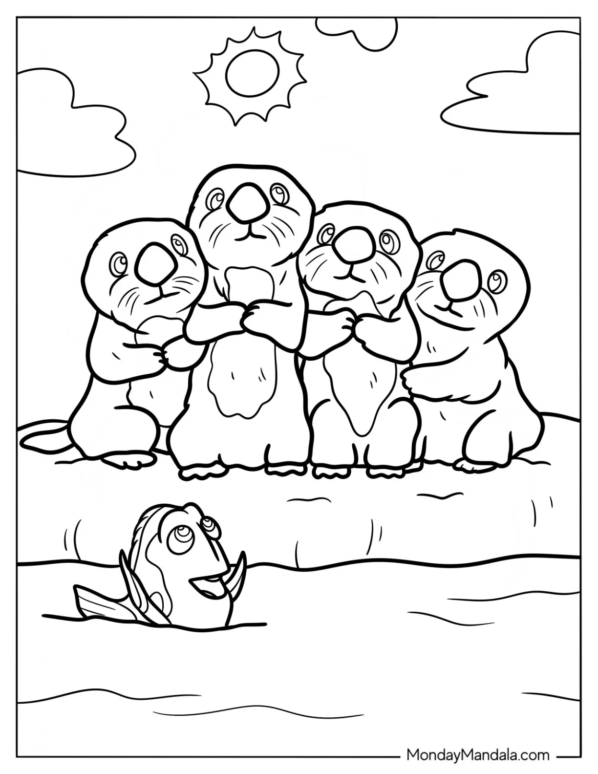 Finding Dory Coloring Page Of Sea Otters Cuddling With Dory In The Water coloring page