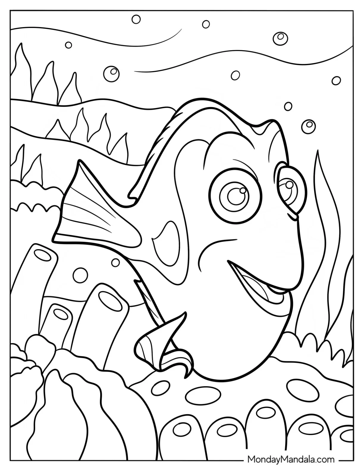 Finding Dory Coloring Page Of Simple Dory Swimming In A Coral Reef coloring page