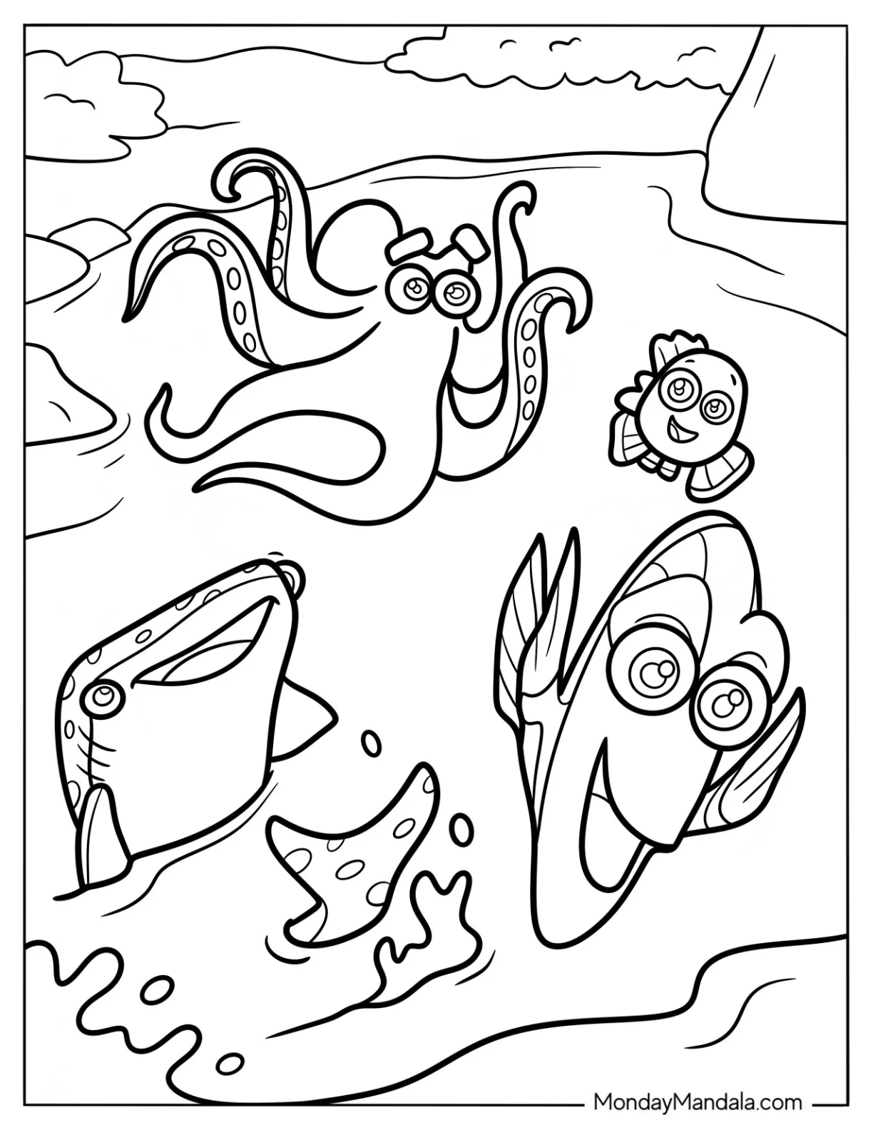 Finding Dory Coloring Page Swimming With Nemo, Hank, And Destiny coloring page