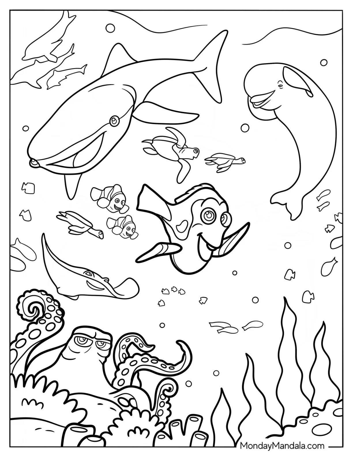Finding Dory Coloring Page With Marlin, Nemo, Bailey, And Friends coloring page