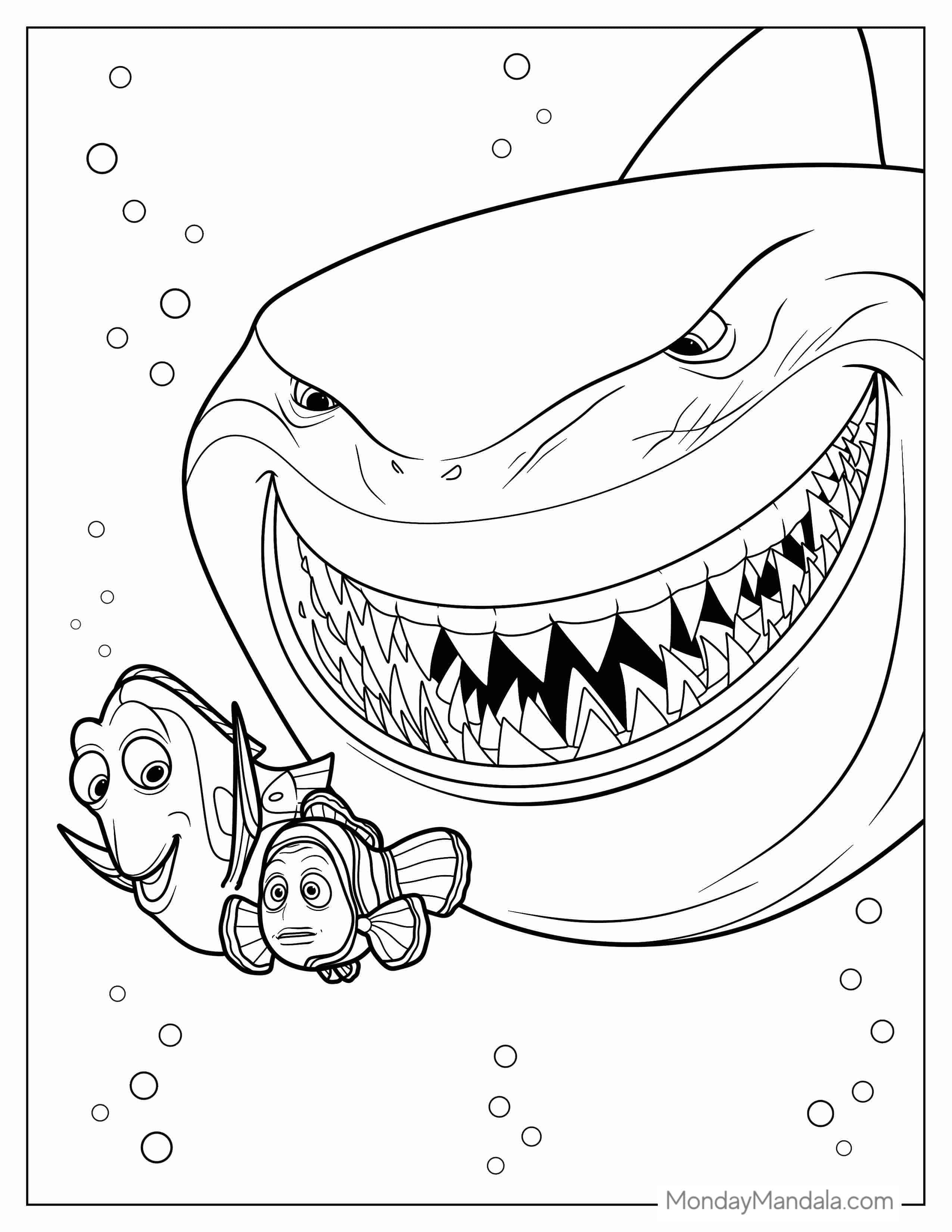 Bruce The Shark Stalking Dory And Marlin coloring page — printable line art