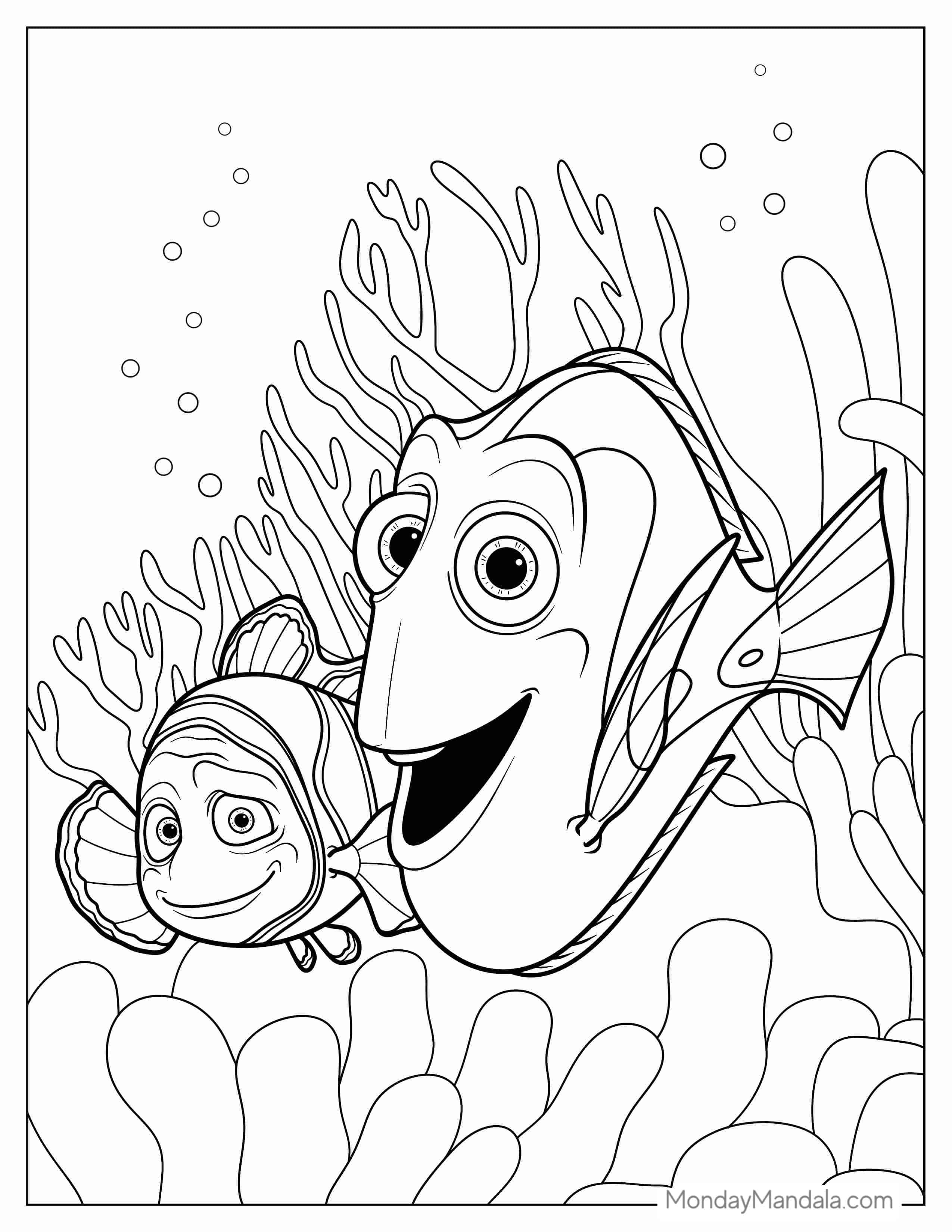 Dory And Marlin Swimming In Coral coloring page — printable line art