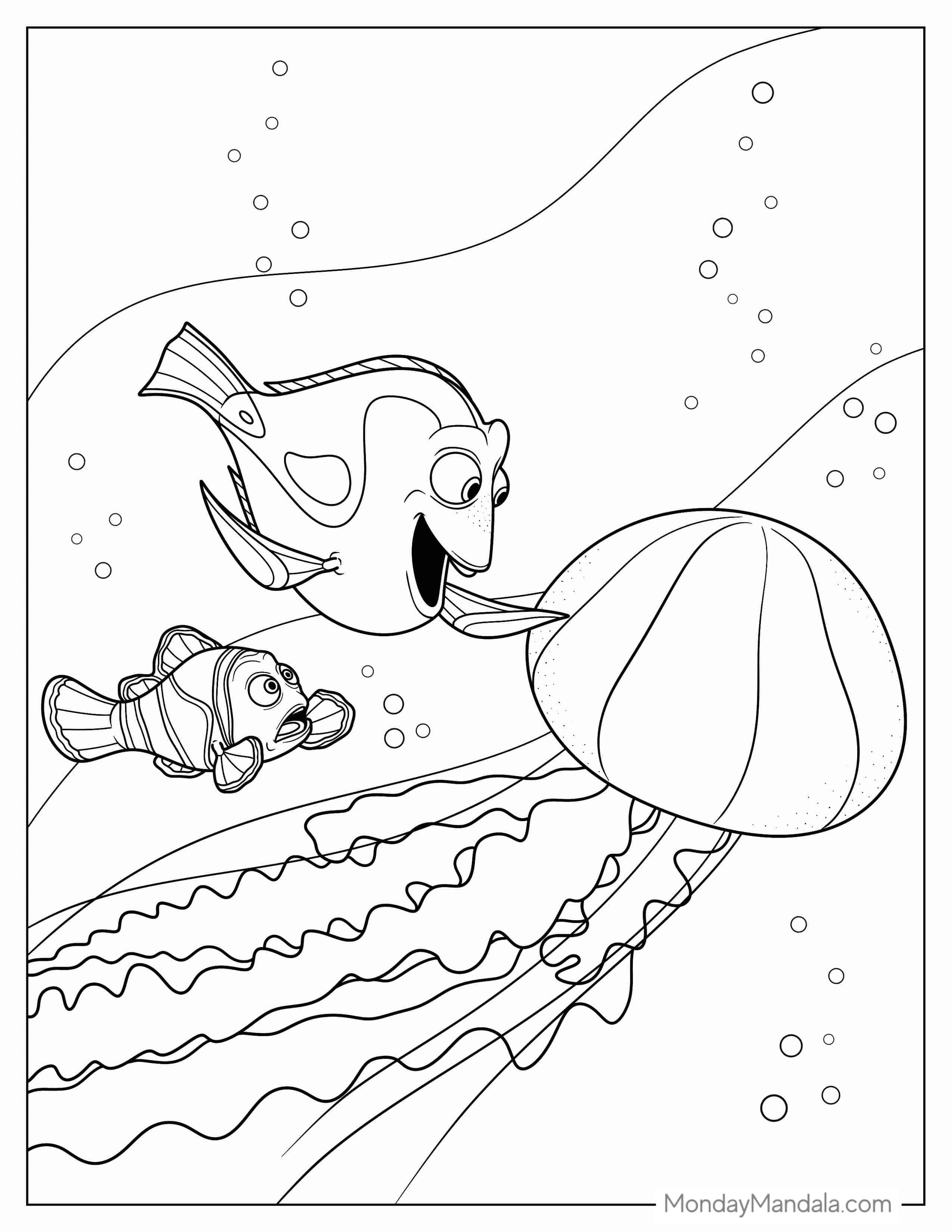 Dory Touching a Large Jelly Fish To Color coloring page — printable line art