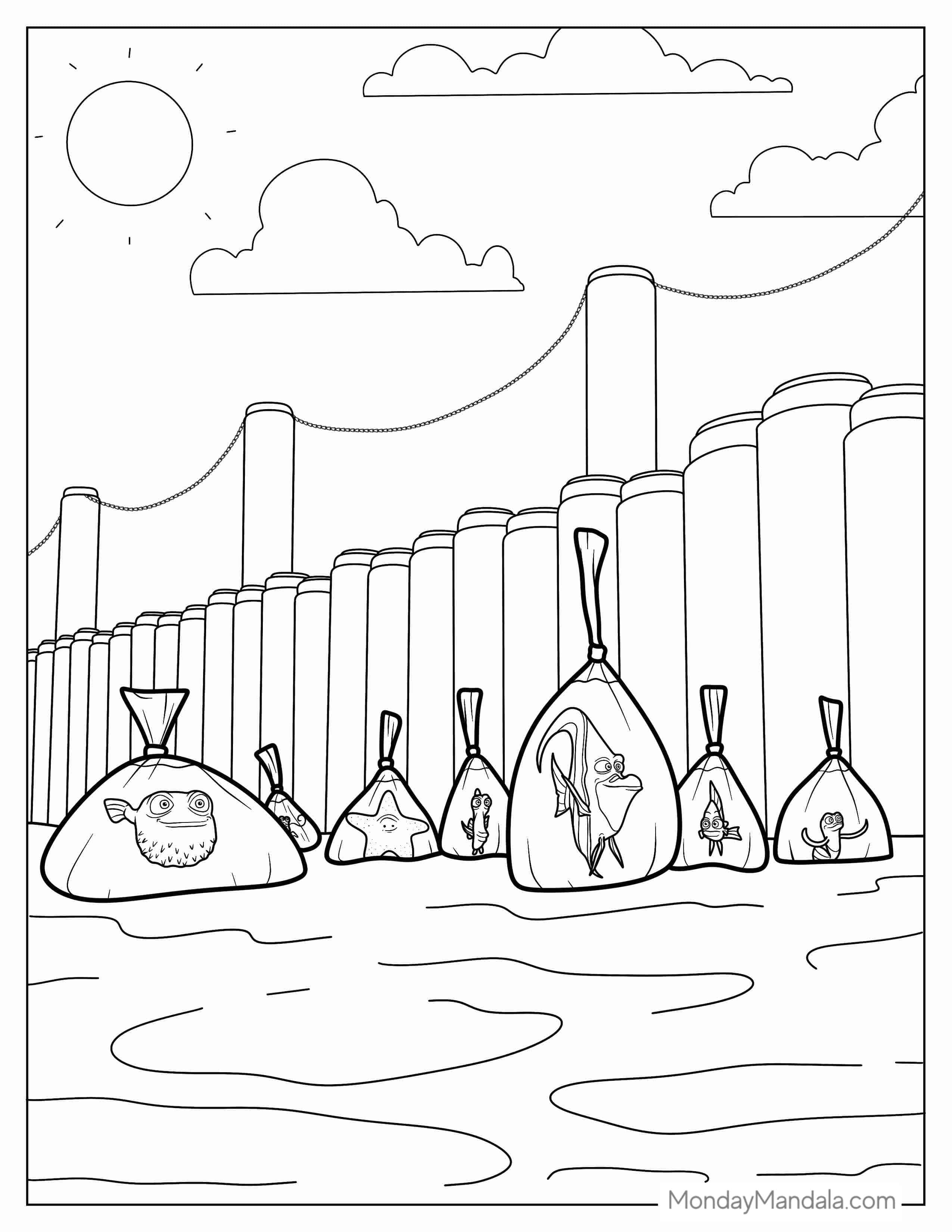 Fishes From Fish Tank Escaping To Color coloring page — printable line art