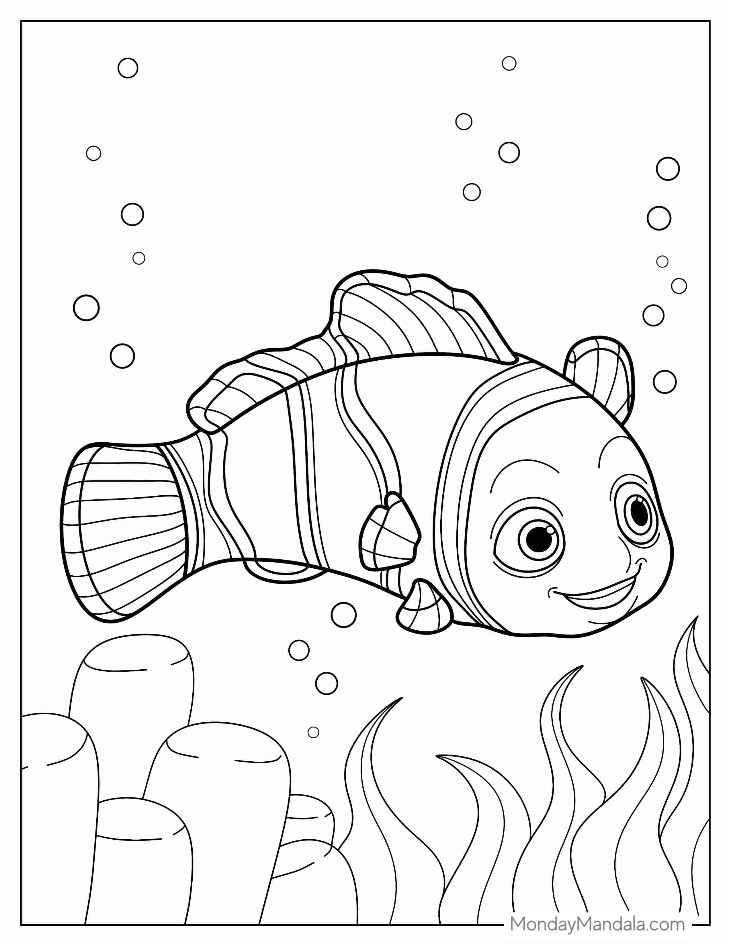 Nemo Clown Fish Swimming In Coral To Color coloring page
