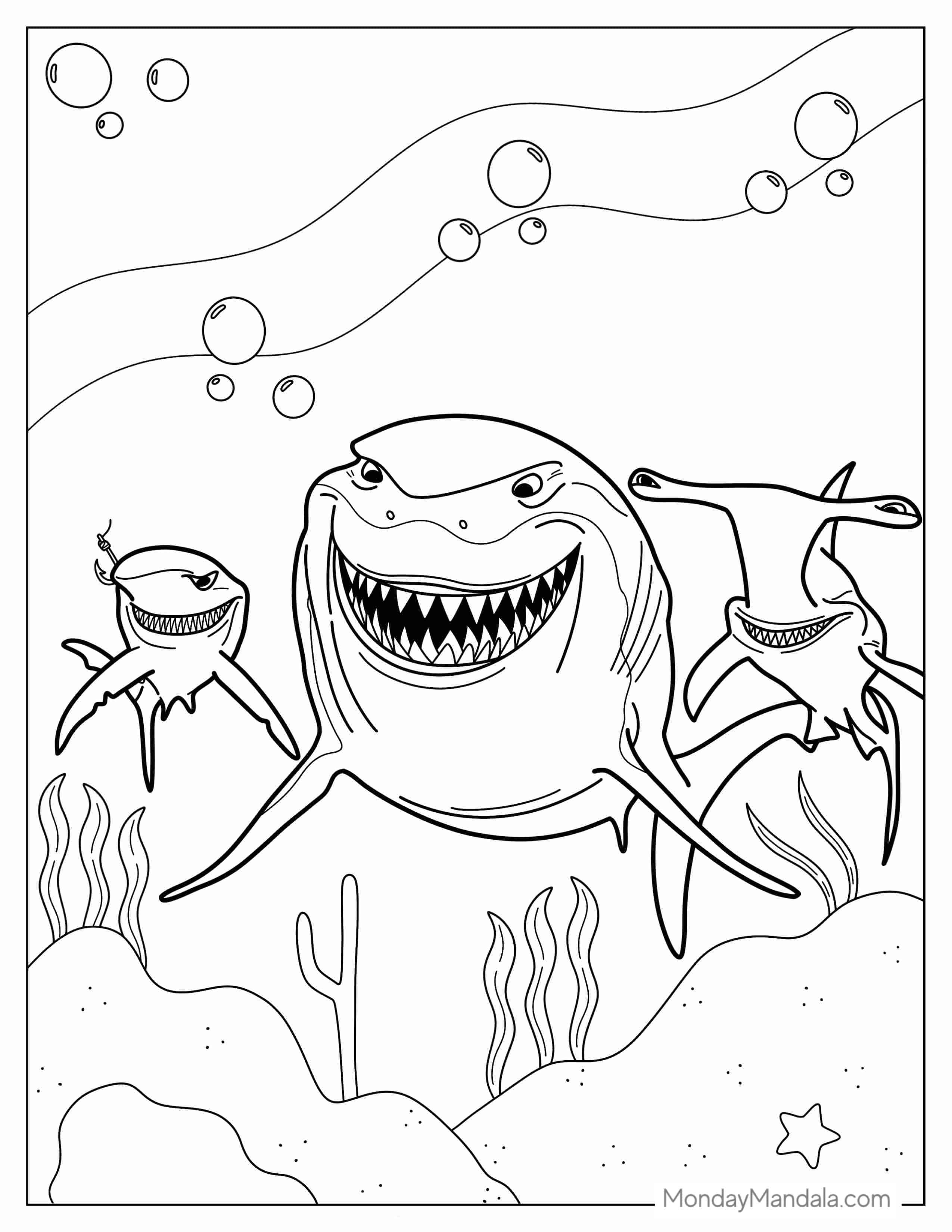 Sharks From Finding Nemo (Bruce, Anchor And Chum) To Color coloring page — printable line art