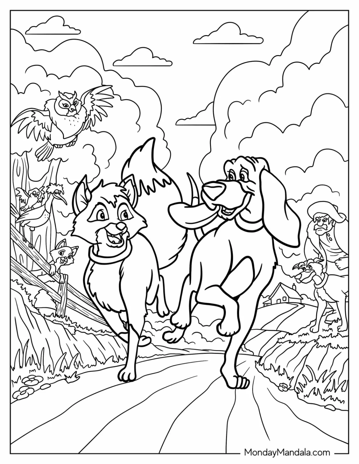 Fox And Hound Coloring Page Of Adult Copper And Todd With Big Mama, Amos, Chief, Vixey, Boomer, And Dinky coloring page