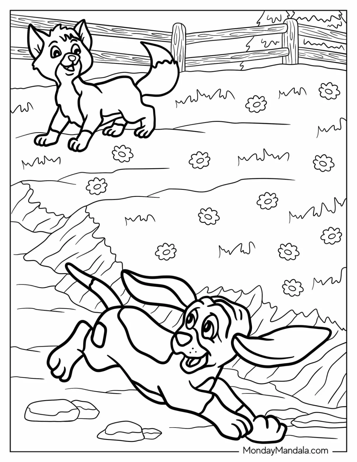 Fox And Hound Coloring Page Of Baby Todd And Copper Playing In The Flower Field coloring page — printable line art