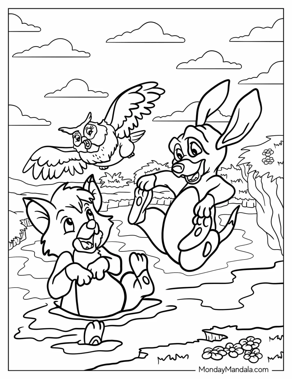 Fox And Hound Coloring Page Of Big Mama Watching Copper Jumping In The Pond With Todd coloring page